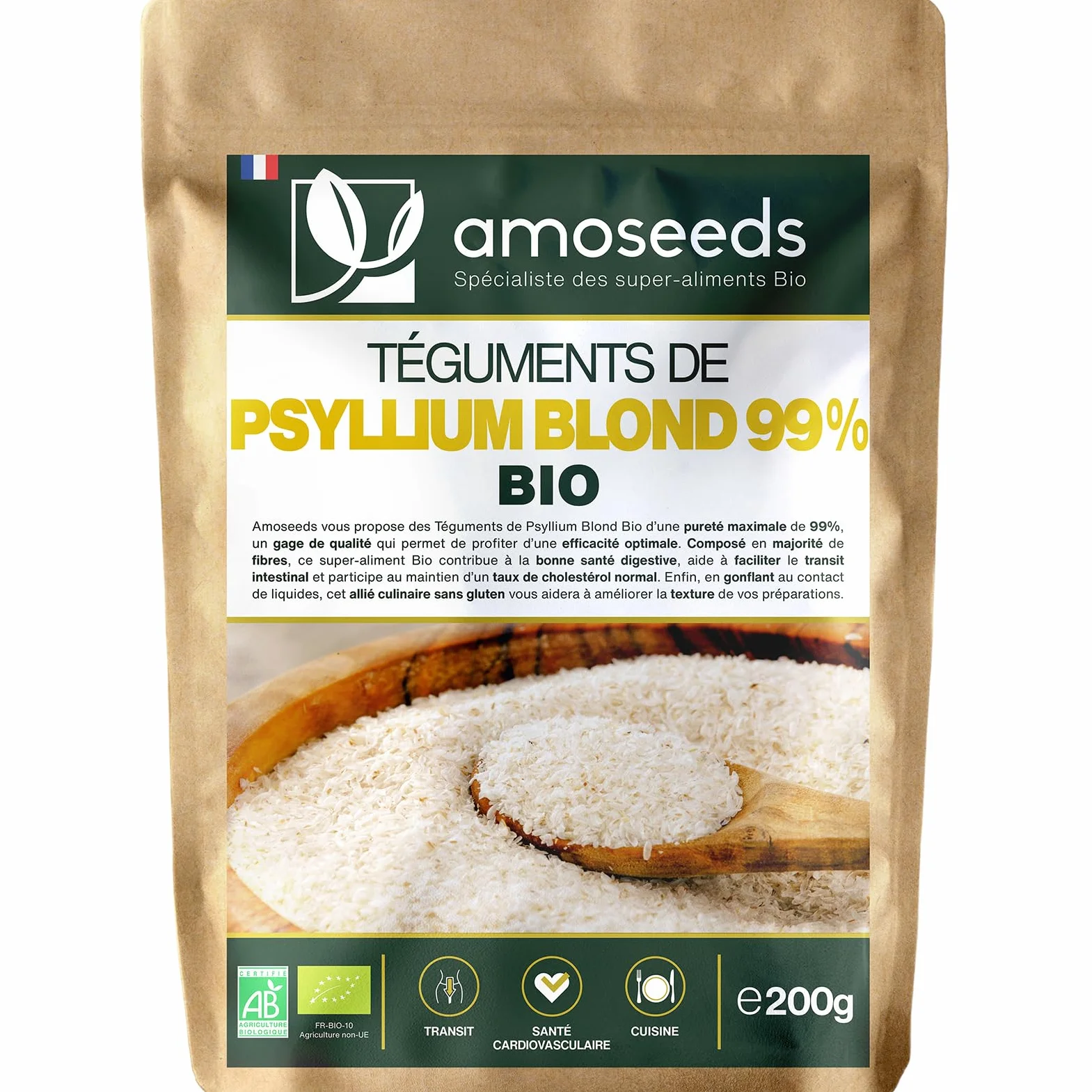 Psyllium Blond Bio 99% 88% Fibres Sans gluten 200G