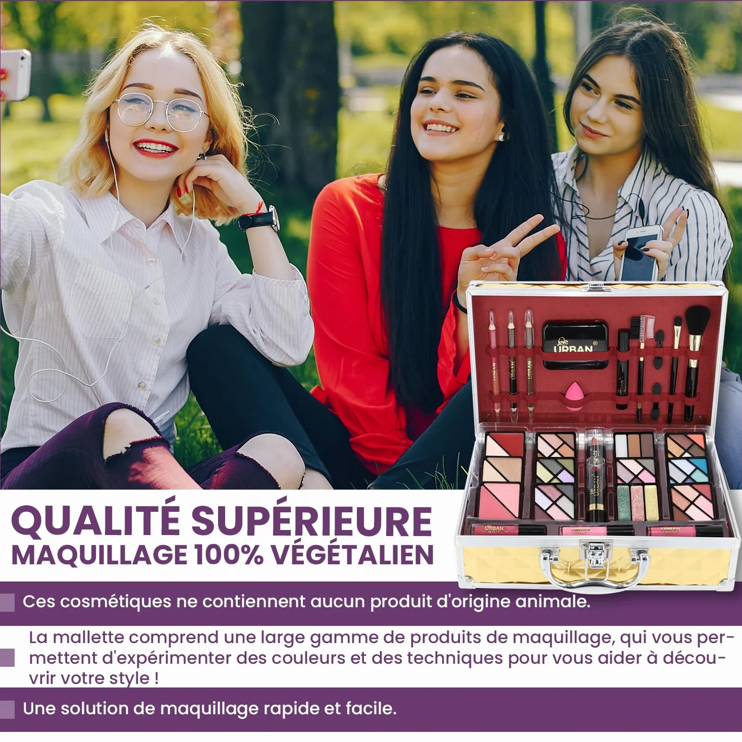 Trousse de Maquillage Végétalienne Love Urban Beauty Luxe Gold Touch Coffret Cadeau de Voyage 73 Pièces