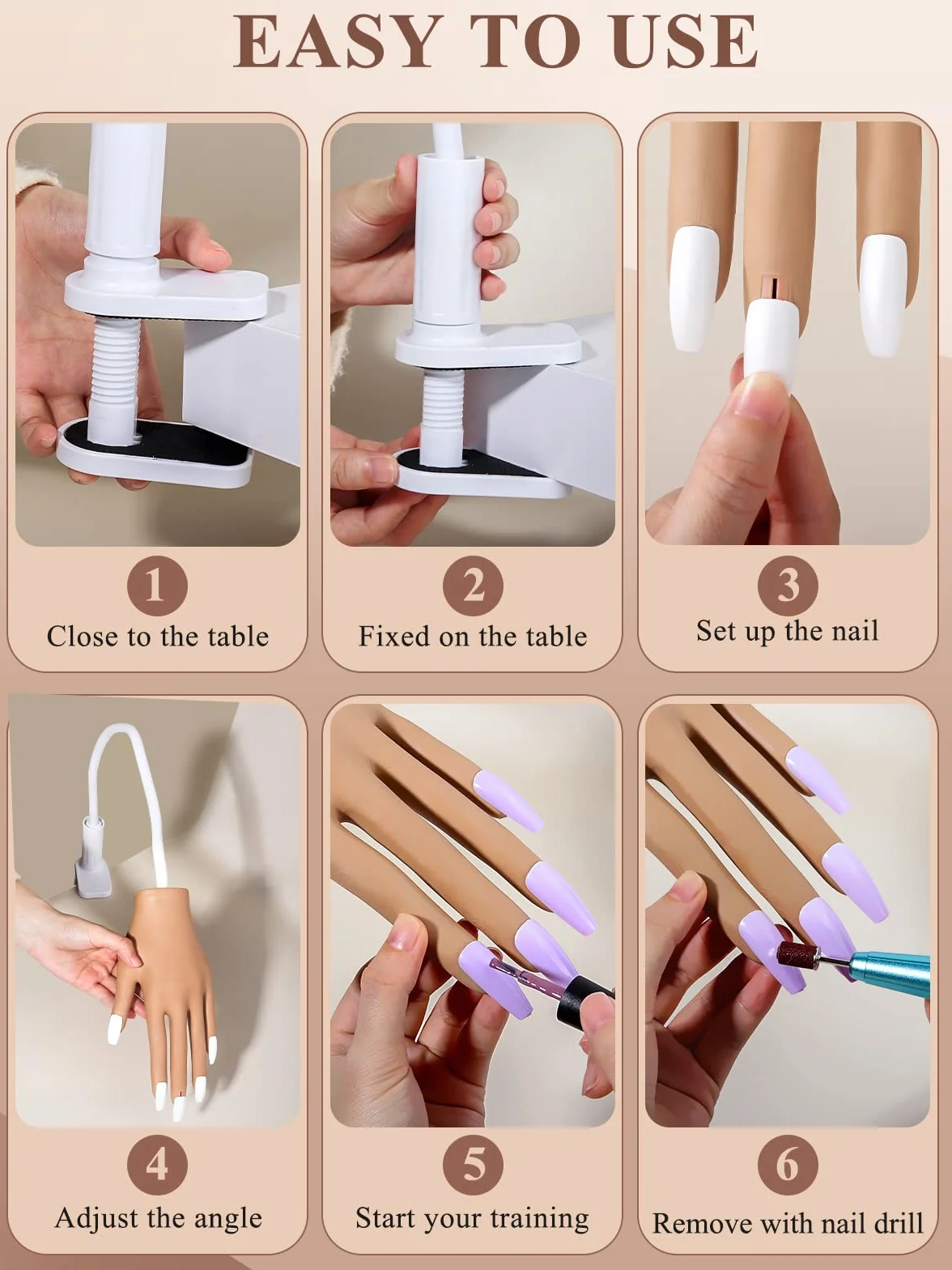 Yokilly Main d Entrainement Pour Ongle,Silicone Main D'entrainement Manucure Avec 200 Faux Ongles,Professionnels Flexible Réglables Modèle Main Femelle Pour Ongle (Mains Le Brun)