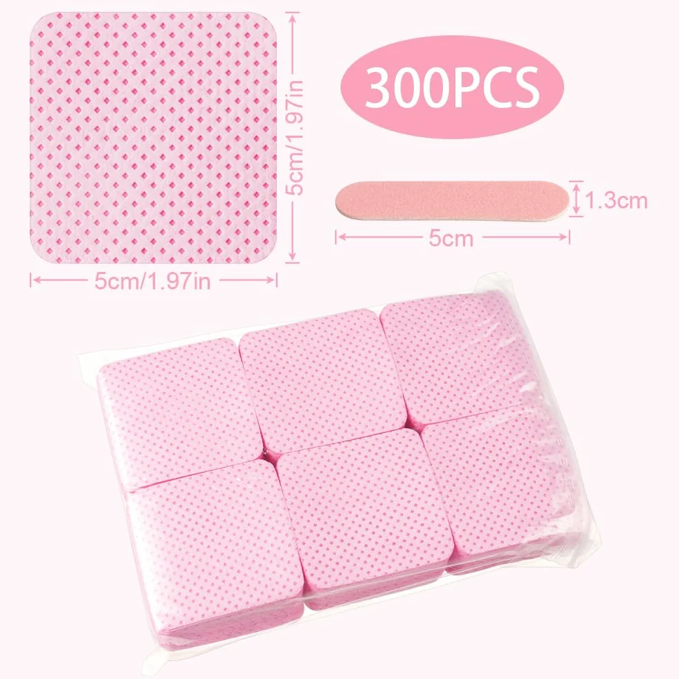 Lingettes à Ongles Non Pelucheux 300 Pièces avec Limes, Tampons Dissolvant Rose