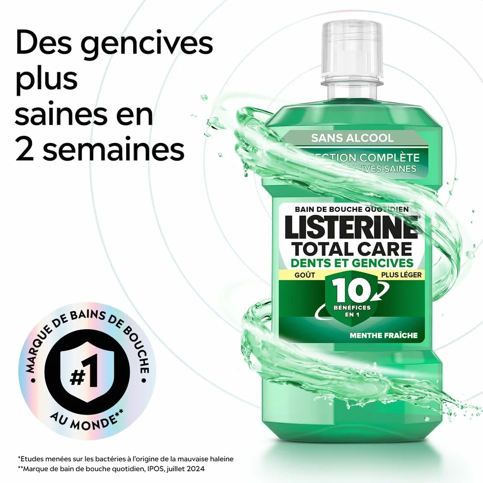 Listerine Bain de Bouche Total Care Dents et Gencives 0% Alcool 500 ml Soin bucco-dentaire 10 en 1 Haleine fraîche