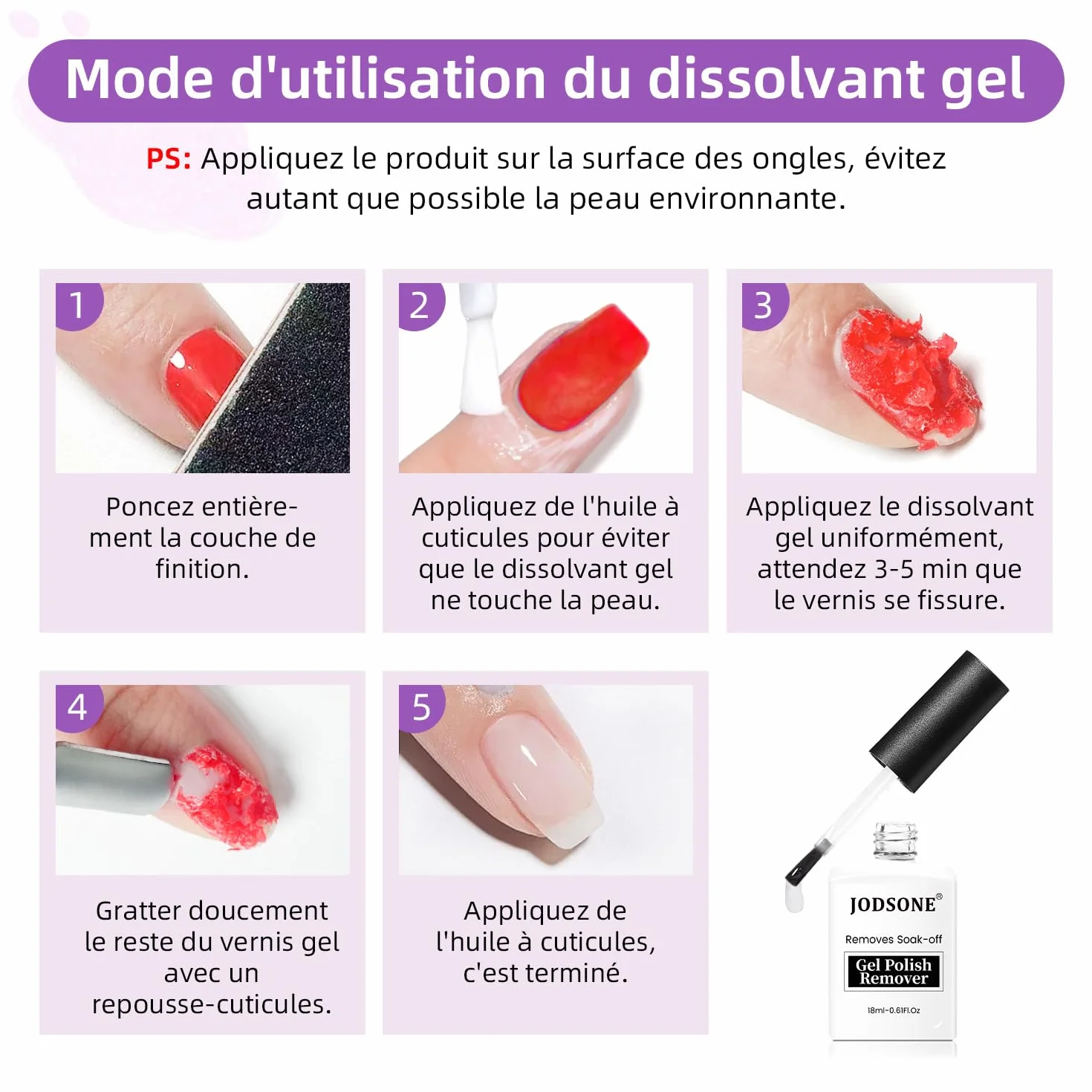 Dissolvant Vernis Semi-Permanent 18 Ml Grande Capacité - Pas Besoin de Tremper - Dissolvant Pour Ongles en Gel - S'élimine en 3-5 Minutes