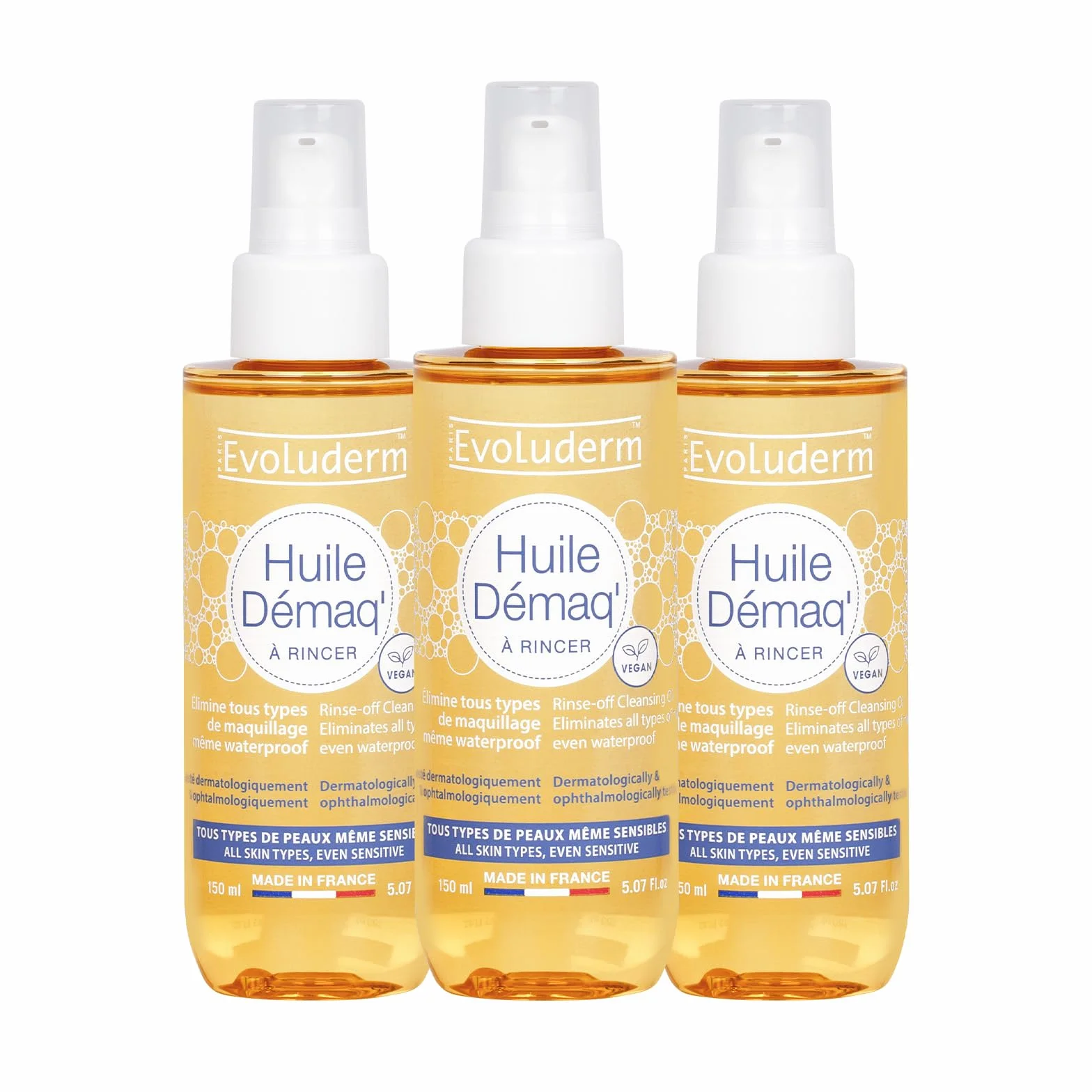 EVOLUDERM - Huile Démaq' - 150 ml - Ingrédients d'Origine Naturelle - Végan - Fabrication Française - Lot de 3 x 150 ml