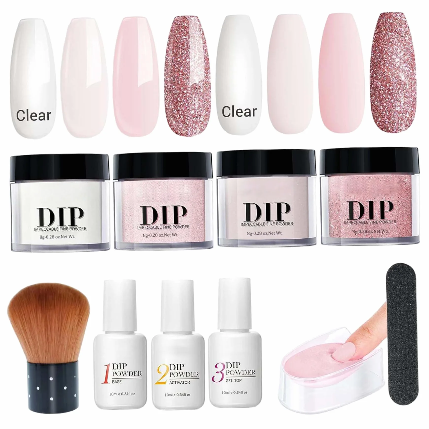 Kit d'ongle en poudre à trempette 4 Couleurs Nail Powder Liquide avec base et Activateur de couche de finition pour Manucure Salon DIY
