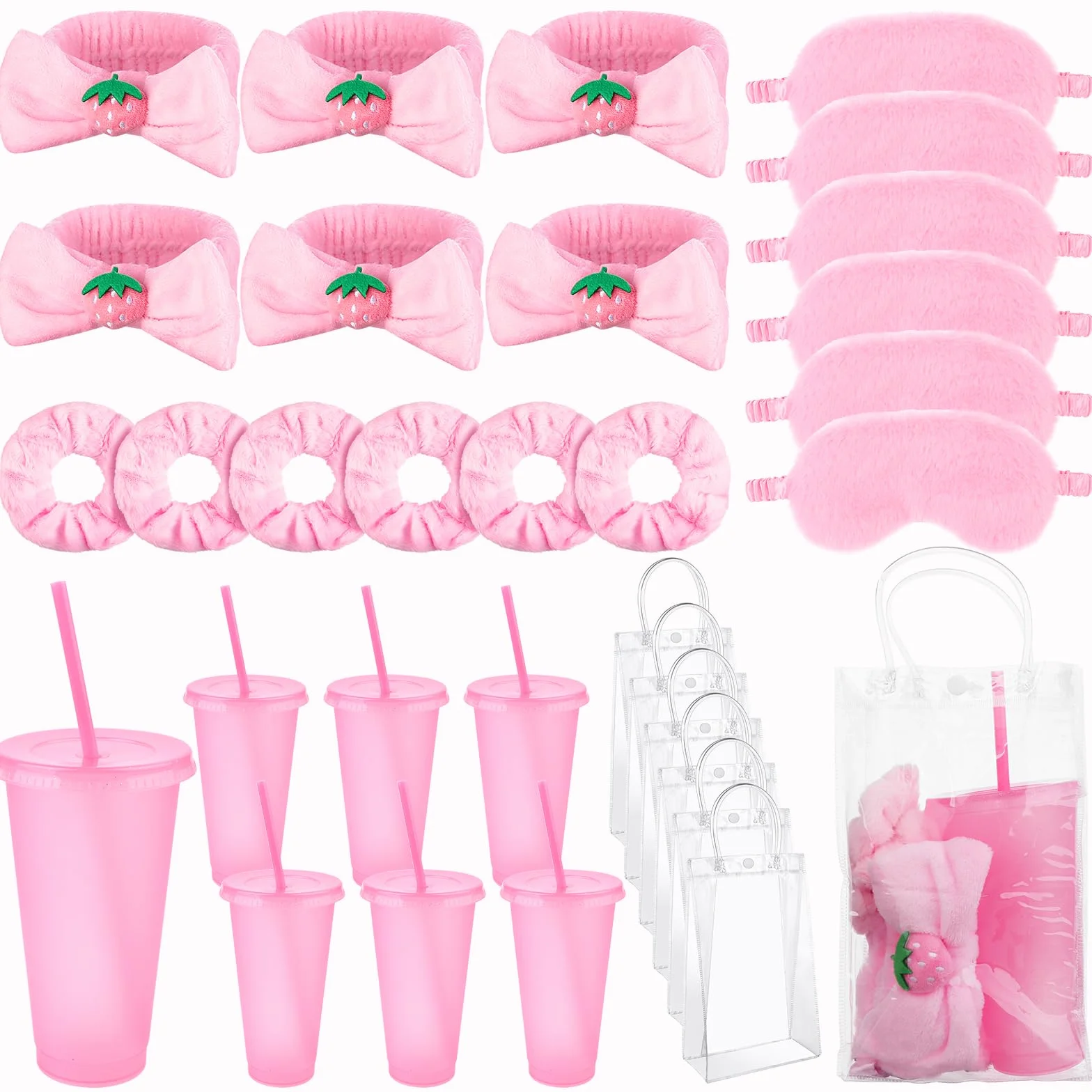 30 Pièces kit Soirée Pyjama Fille Cadeau 6 Chouchous Mignons Pour Femmes 6 Spa Masques de Sommeil En Peluche Rose 6 Gobelets à Paillettes RéUtilisables 6 Bandeaux de Maquillage 6trousses de Maquillage