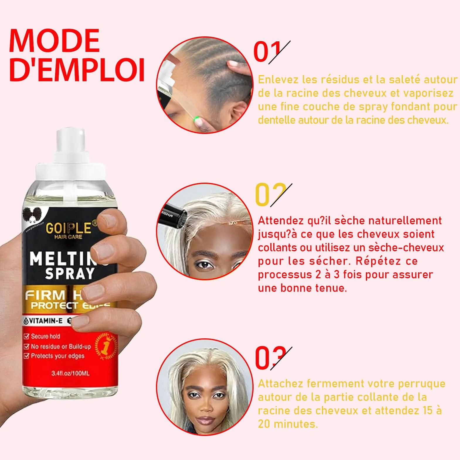 Sans Colle Lace Melting Spray For Wigs, 3.4 Fl Oz - Melting Spray Wig Spritz Spray Lace Protège Le Cuir Chevelu, Améliore La Tenue, Formule Naturelle