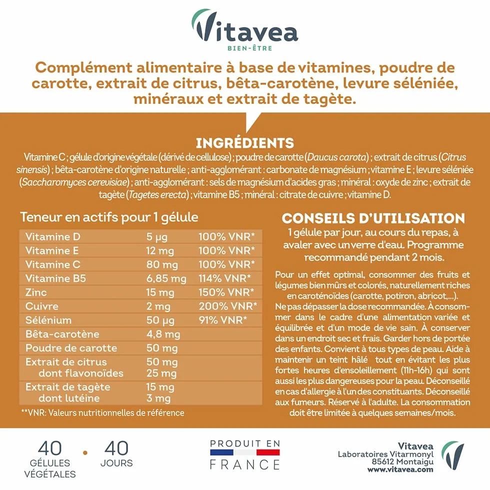 Vitavea Autobronzant Expert Hâle Doré Complément Alimentaire Bêta-Carotène Zinc Vitamines 40 Gélules