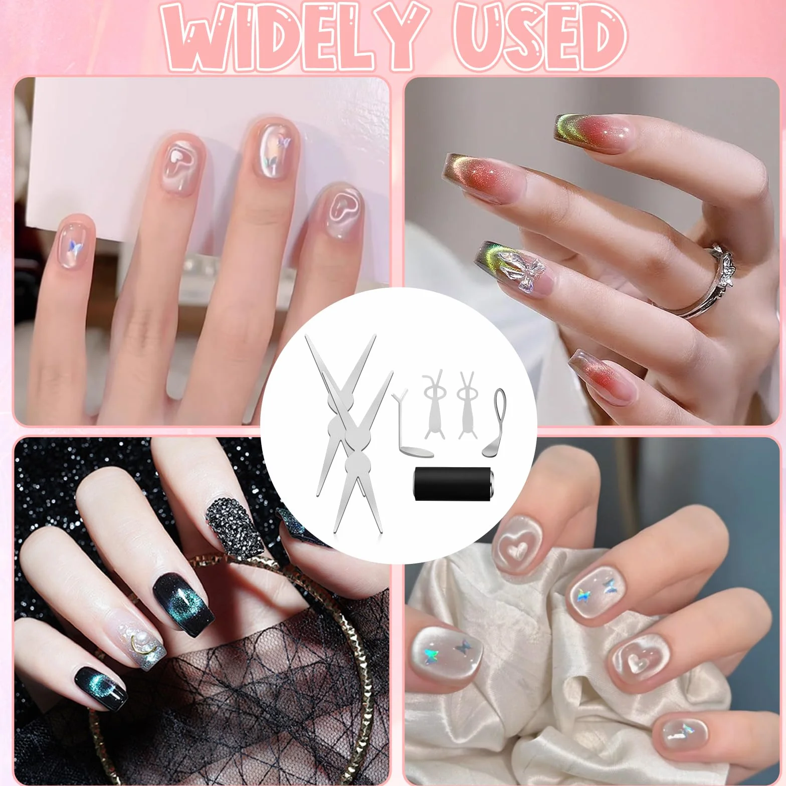 Lot de 7 aimants œil de chat pour vernis gel, kit professionnel nail art avec aimant cylindrique, forme O, ciseaux français, cœur et aimants lapin