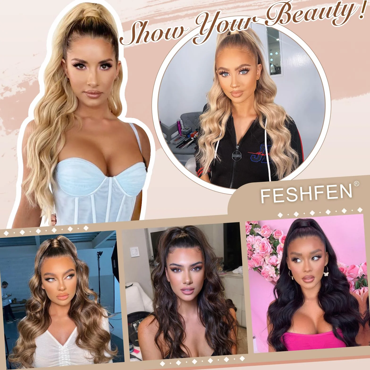 FESHFEN Queue de Cheval Cordon Longue Bouclé Ondulées Ponytail Cheveux Naturel Postiche Extension Synthétique Rajout Drawstring Ponytail Extensions pour Femmes, Noir Naturel 60 cm