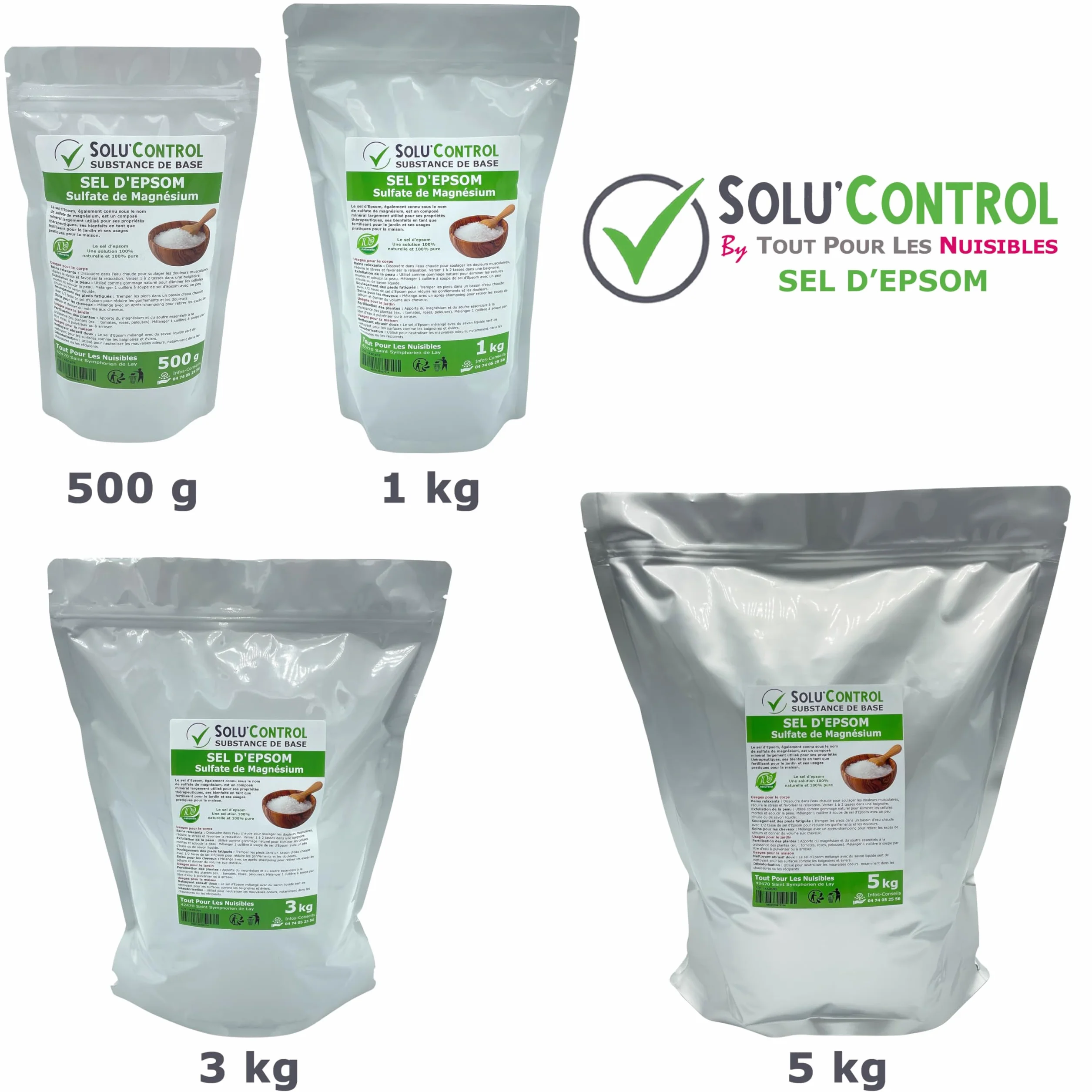 Sel d'Epsom 3 kg - Solu'Control - Sulfate de Magnésium 100% Pur et Naturel - Relaxation, Soin du Corps, Déodorant, Fertilisant et Apport en Magnésium pour Plantes - Sachet avec Zip Refermable