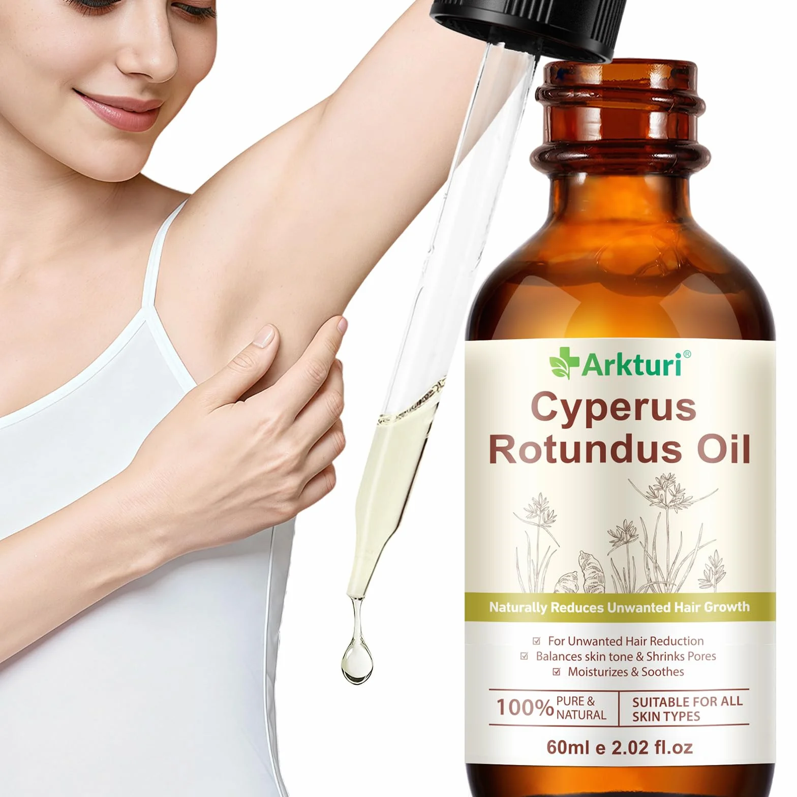 Huile de Souchet Anti Poils 60ml, Huile Cyperus Rotundus Oil, Huile Dépilatoire Naturelle