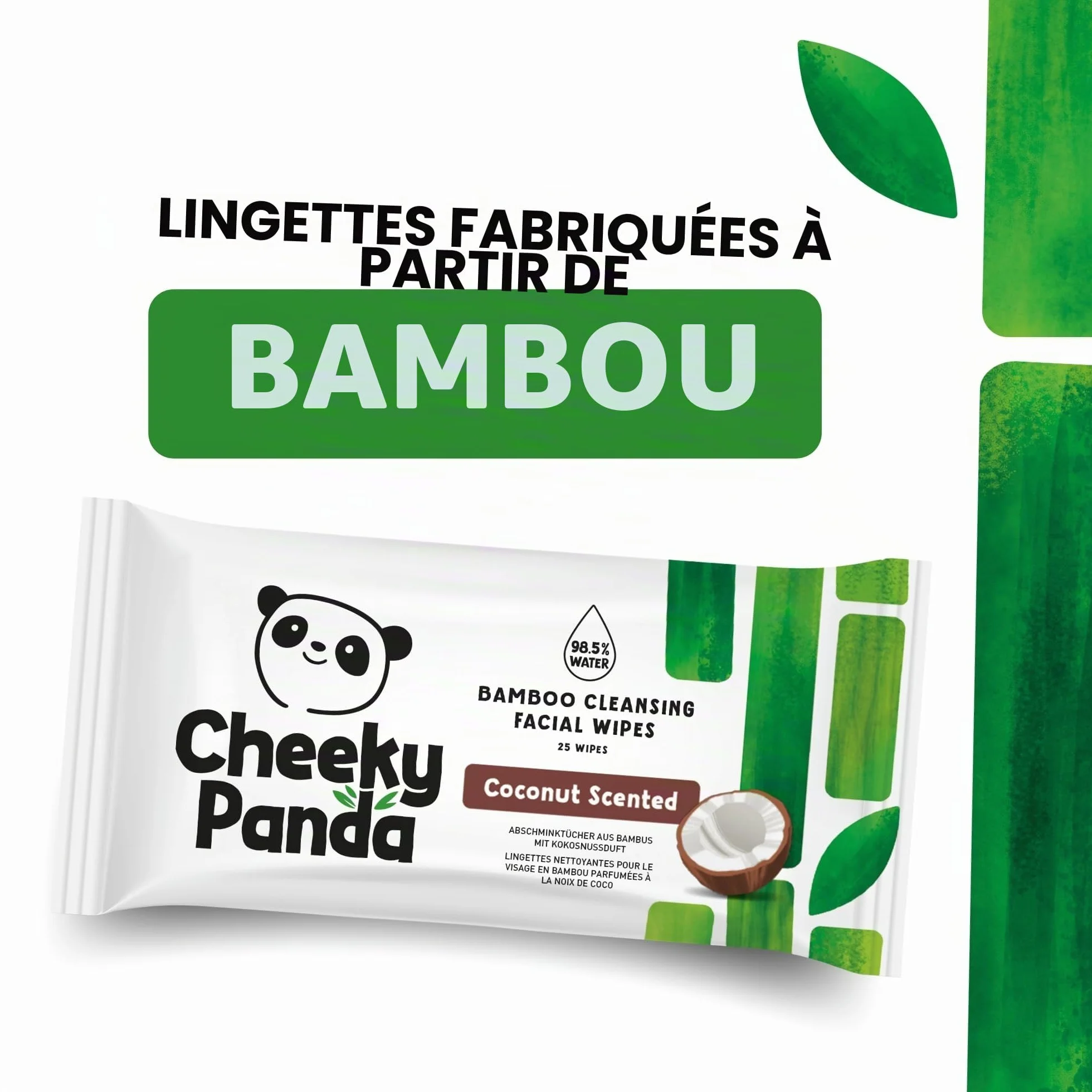 The Cheeky Panda Lingettes Démaquillantes 25 Lingettes Parfum Noix de Coco 100% Bambou