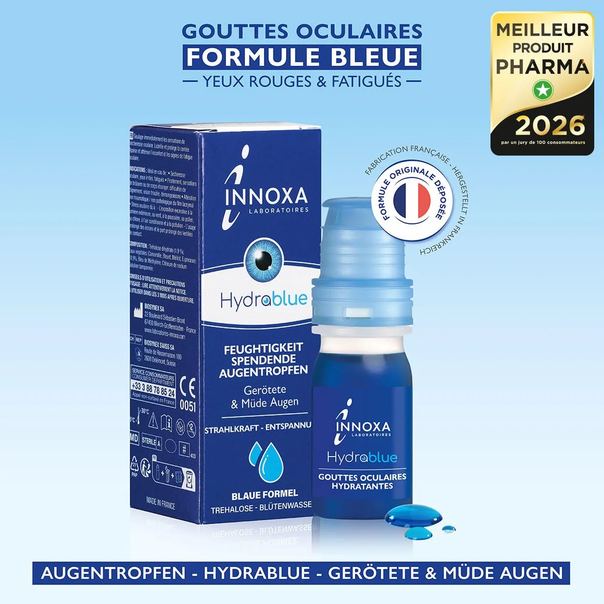 INNOXA Laboratoires Gouttes Formule Bleue Blanchit le Blanc de l'Œil Hydrate les Yeux Rouges et Fatigués Formule Originale Fabriquée en France Sans conservateurs