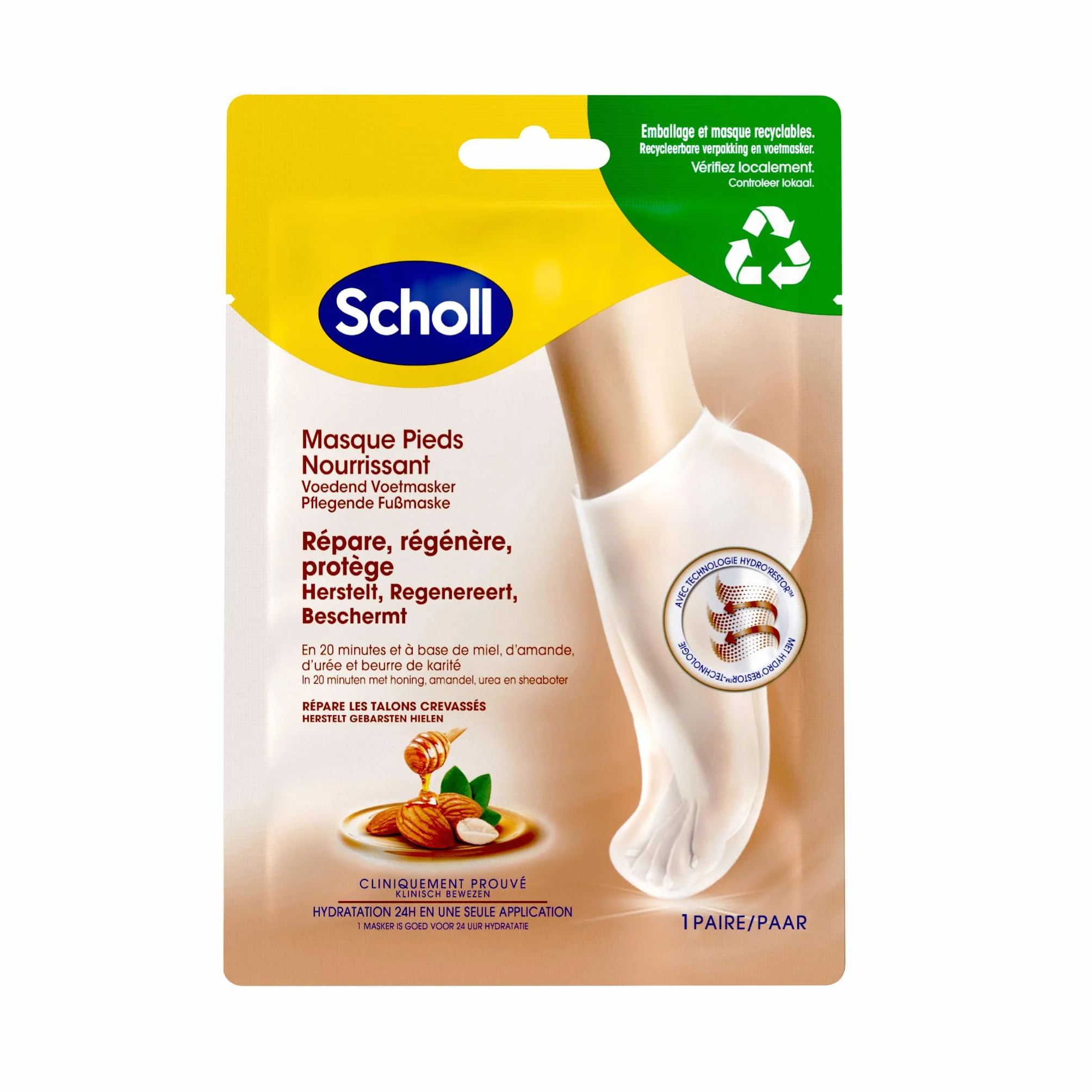Dr. Scholl's Masque Pieds à l'Amande et au Miel pour peaux sèches - Chaussettes de soin hydratantes 1 paire