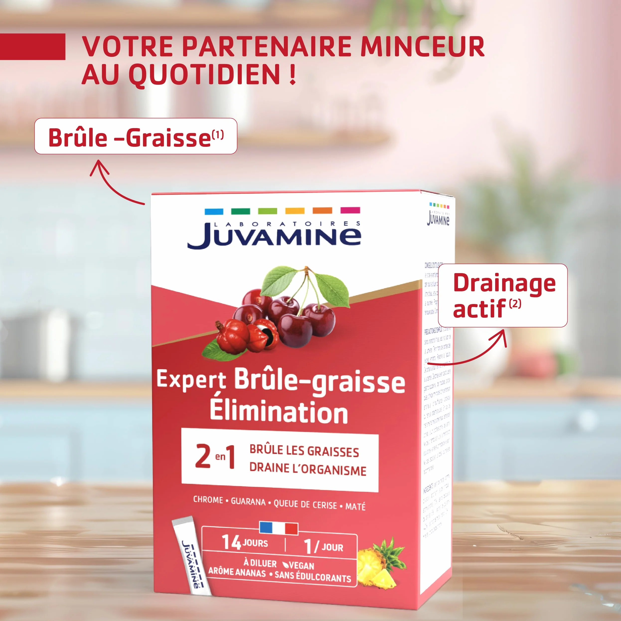 JUVAMINE Brûle-Graisse 14 Sticks Minceur Chrome Guarana Queue de Cerise Maté Arôme Ananas Fabriqué en France