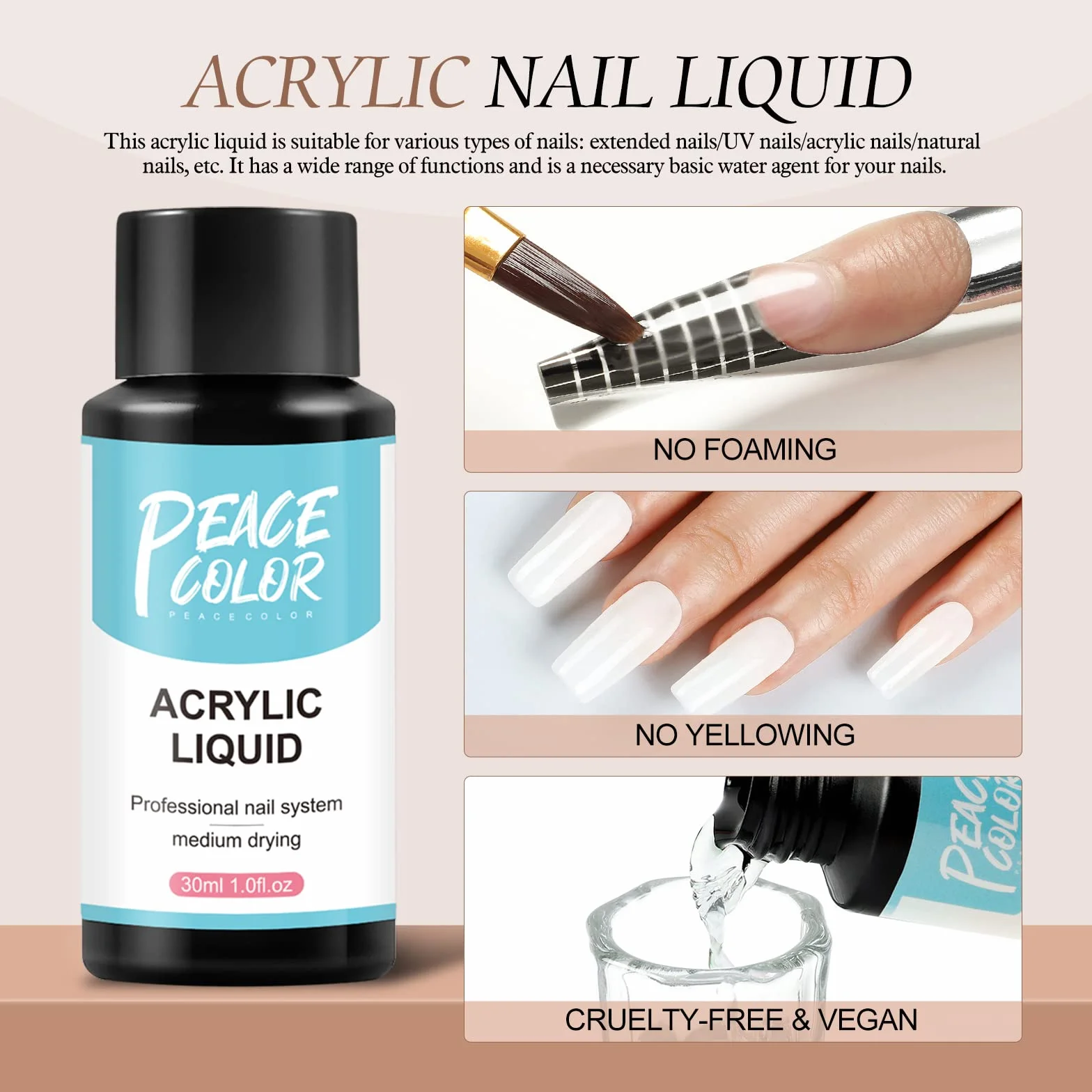PEACECOLOR Kit Poudre Acrylique pour Ongles , Poudre Acrylique avec Liquide Acrylique, Rose Blanc Transparentes Resine Ongle Poudre , Pinceau, Chablon, Limes a Ongles, Kit Complet Acrylique Ongles