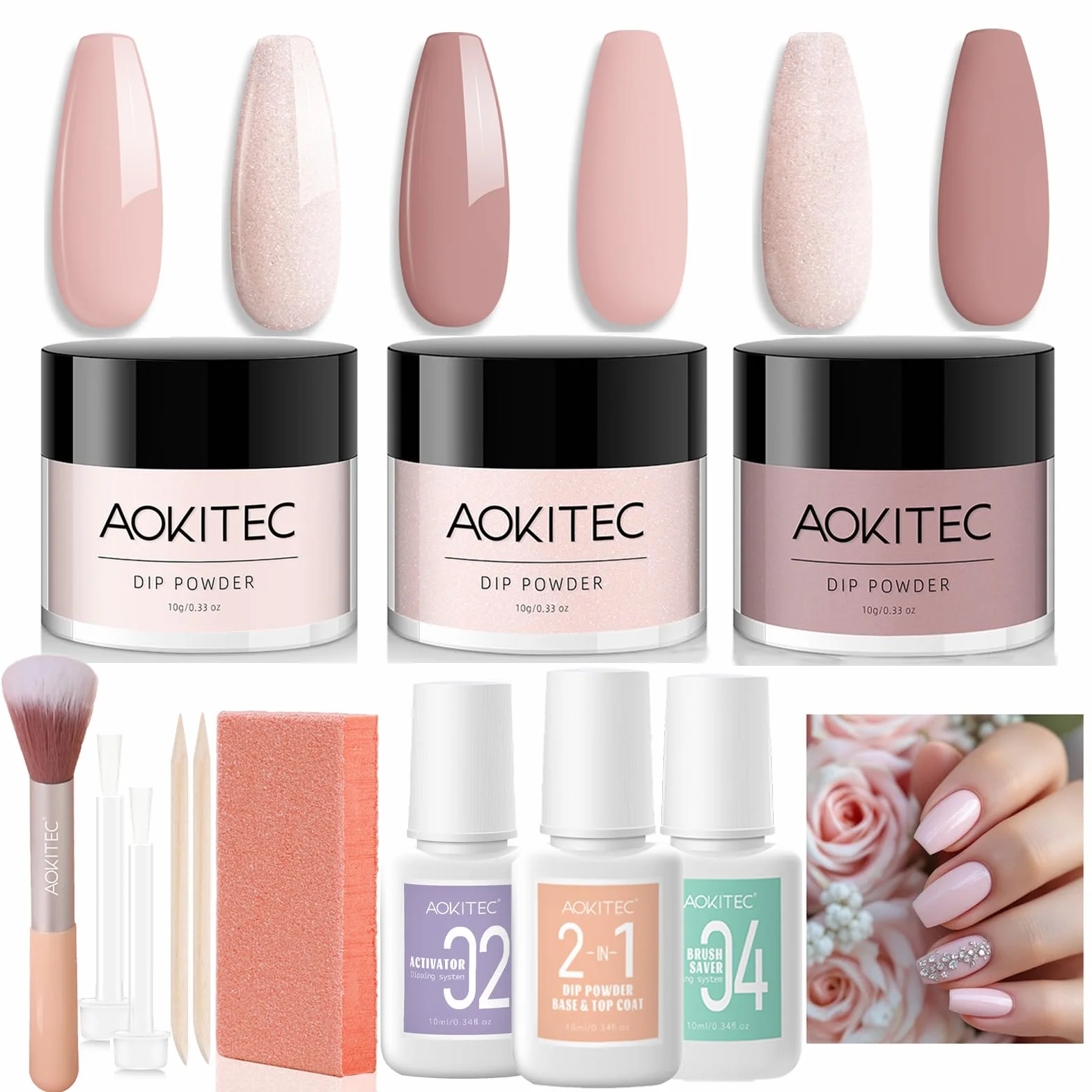 Aokitec Kit de trempage pour ongles 12 poudres 3 couleurs rose clair nude rose pâle avec 3 liquides acrylique nail art
