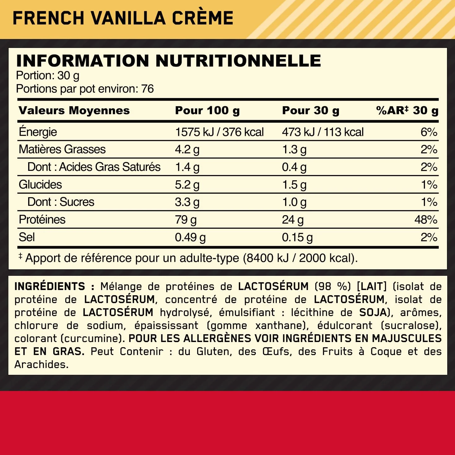Optimum Nutrition Gold Standard 100% Whey Protéine Crème à la Vanille Française 2.28kg 76 Doses