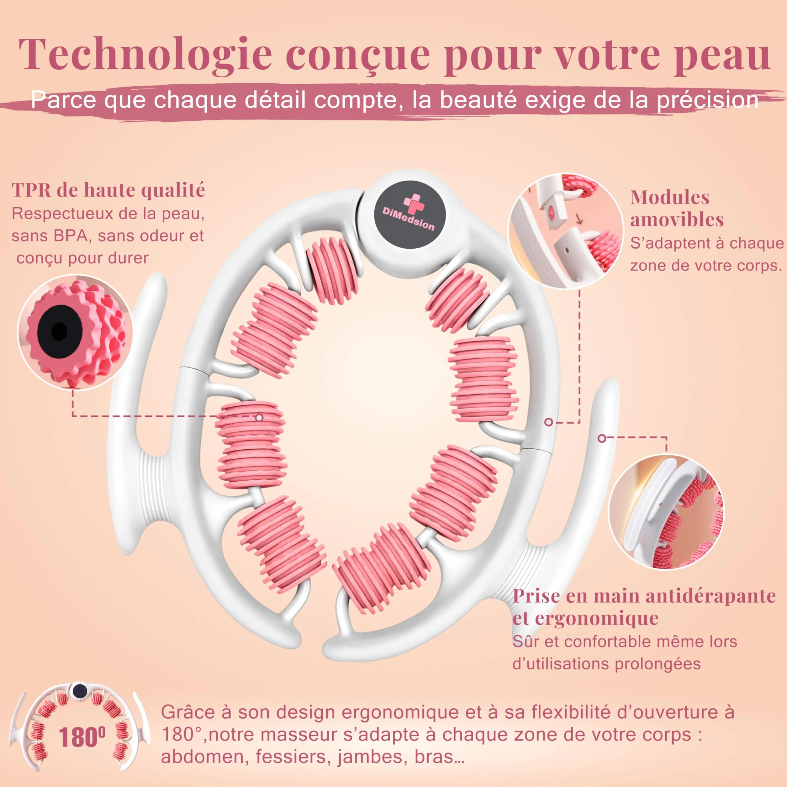 Masseur anti cellulite avec 14 roulettes pour drainage lymphatique des jambes, cuisses et fesses, rouleau de massage anticellulite pour stimuler la circulation et réduire l’aspect cellulite