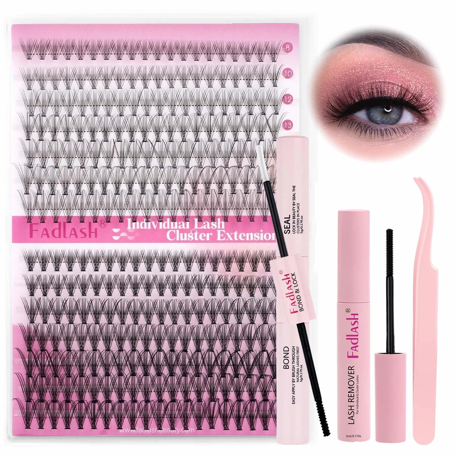 FADLASH Kit Extension Cils Bouquet 10D 20D 280pcs Faux Cils Individuel 8-16mm C Curl, Bond and Seal, Remover Gel, Pince à Lashes, Cluster Lashes Kit DIY