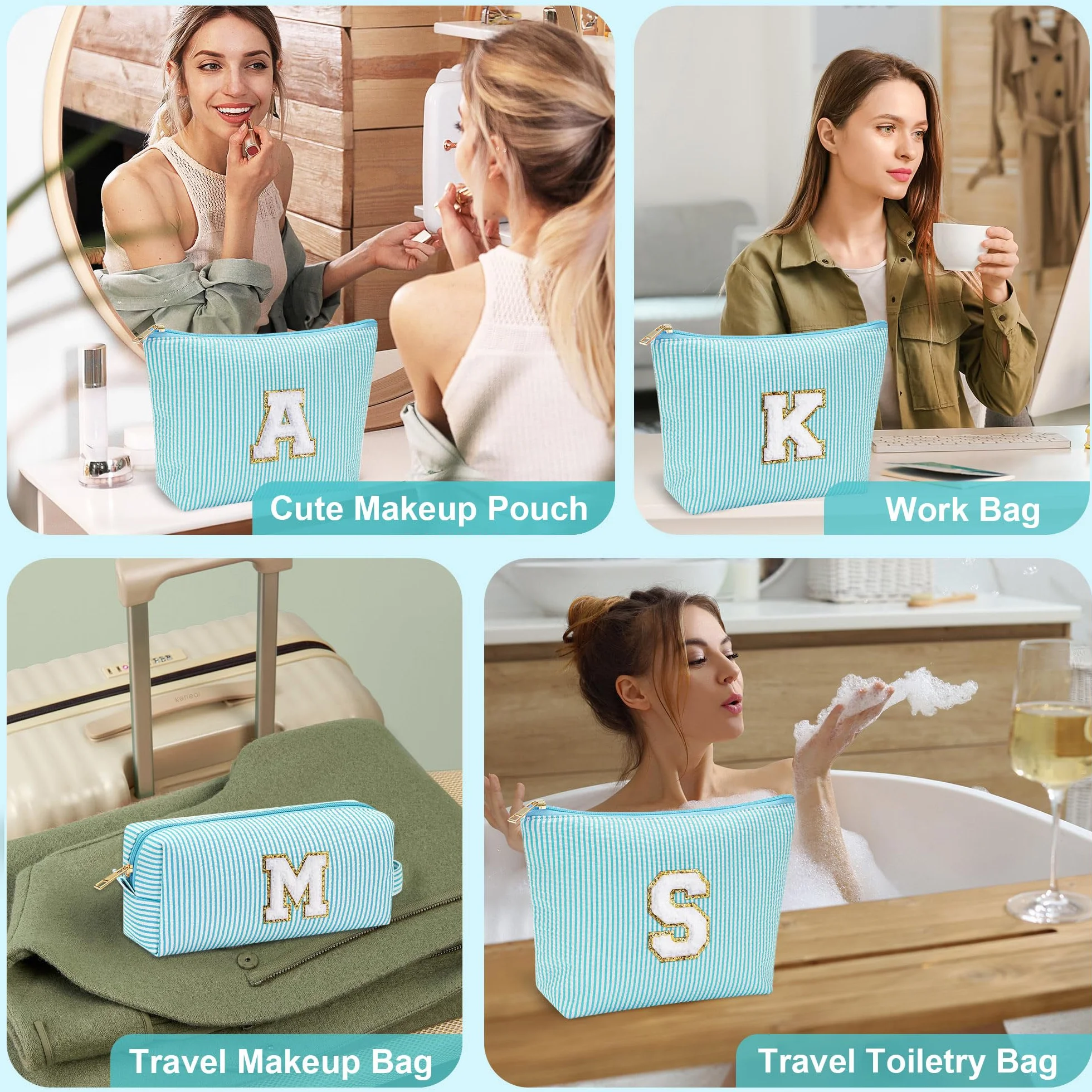 Trousse de maquillage personnalisée avec lettres A-Z, cadeau anniversaire femme fille, bleu clair, L