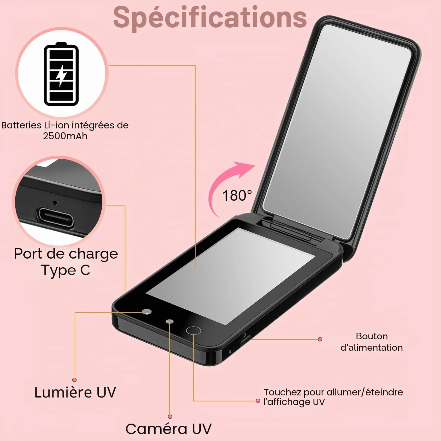 Miroir UV compact et portable, miroir de courtoisie de 10,2 cm avec caméra UV pour tester la crème solaire, miroir de maquillage de voyage rechargeable, miroir de poche double face pour la protection