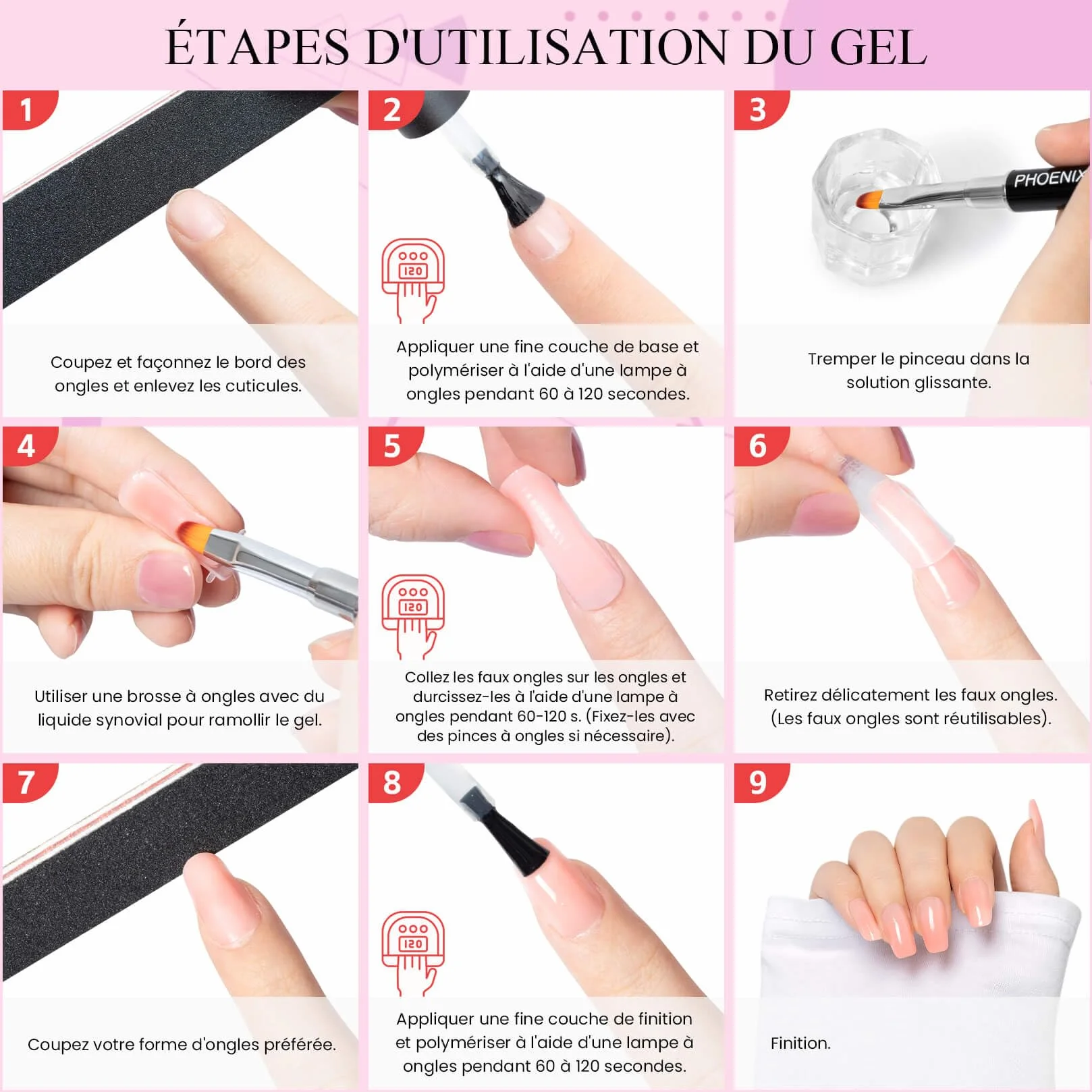 Kit Ongle Gel UV Complet 6 Couleurs 15 ml Rose Nail Art Manucure Débutantes DIY