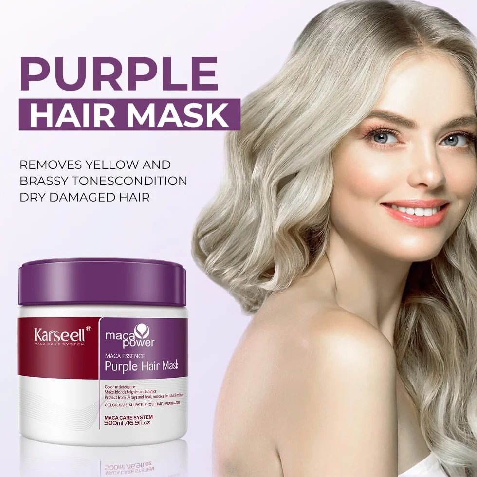 Karseell Violet Masque Cheveux 500ml Neutralise Reflets Jaunes Répare Cheveux Abîmés Blonds Platine Blancs Gris