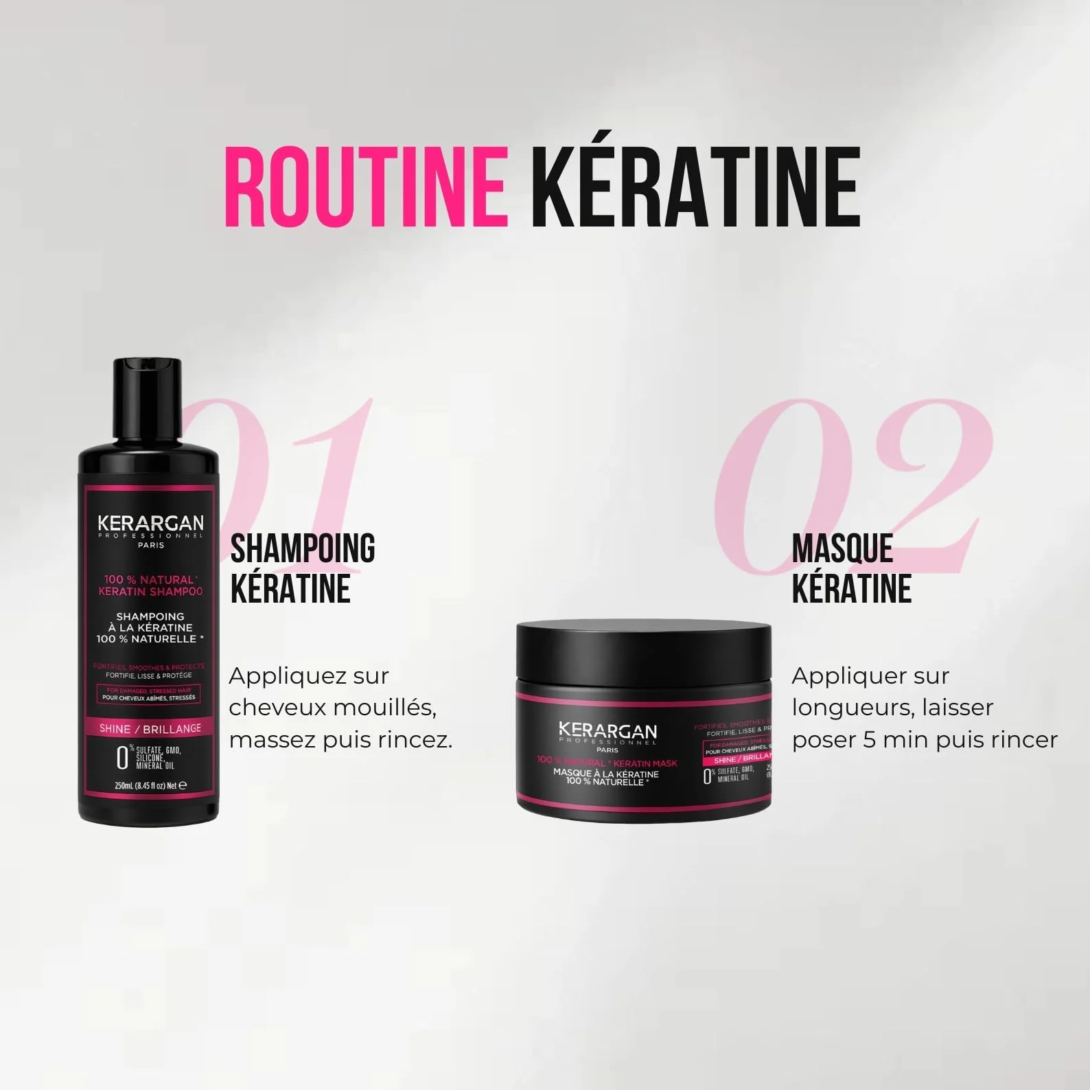 Kerargan - Duo Ultra Réparateur Shampoing & Masque à la Kératine pour Cheveux Abîmés et Stressés - Nourrit, Lisse, Protège - Sans Sulfate, Silicone, OGM, Huile Minérale - 2x250 ml
