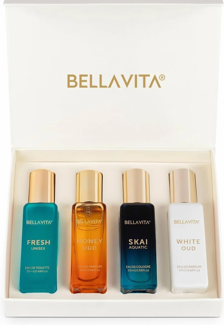 Bellavita Coffret cadeau unisexe de luxe avec miel oud, oud blanc, frais et skai | Senteurs aquatiques fruitées de vanille avec des notes de miel et de bergamote | 4 x 20 ml de parfum unisexe | Cadeau