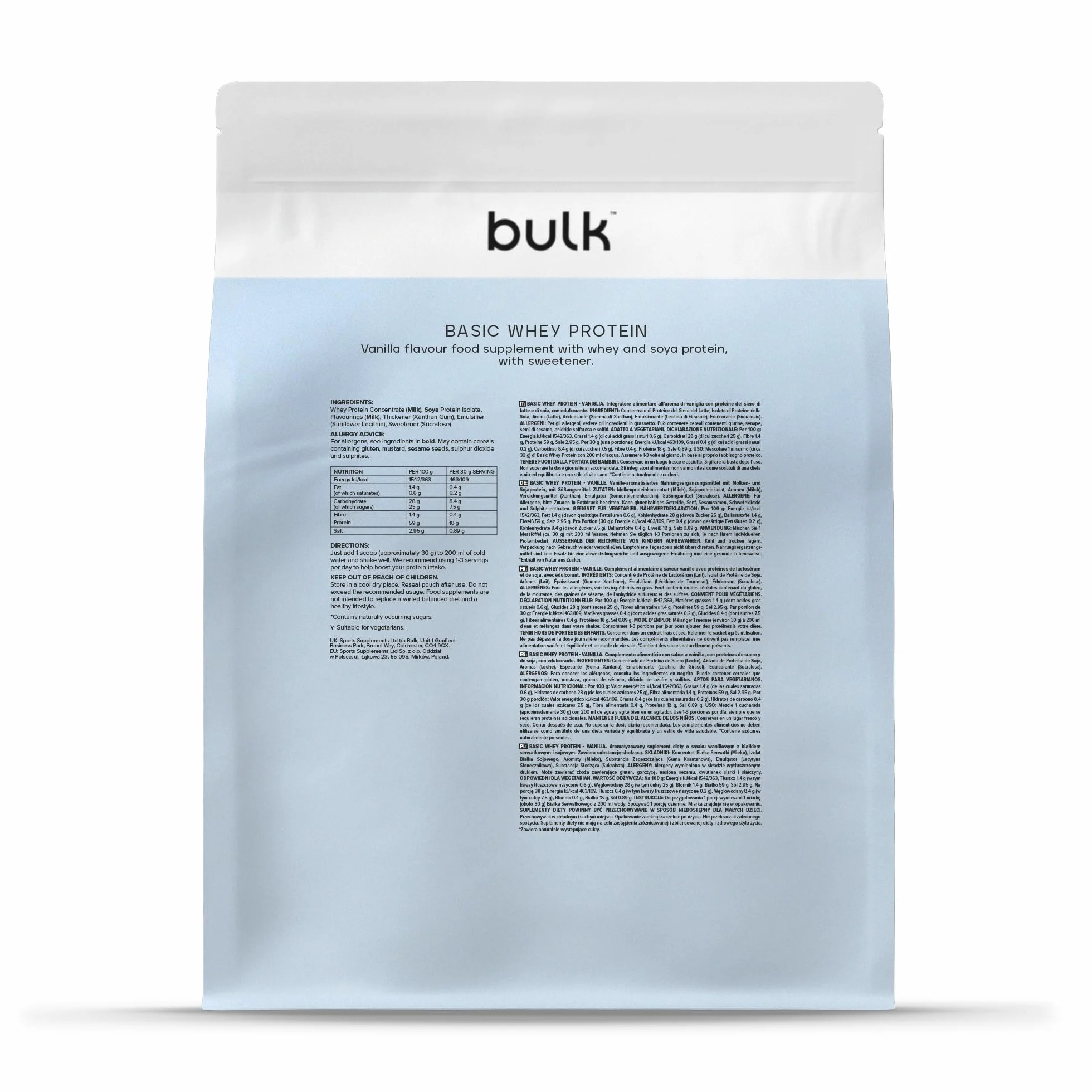 Protéine en Poudre Vanille 1,25kg 41 Portions 18g Protéines Faible en Sucres Absorption Rapide