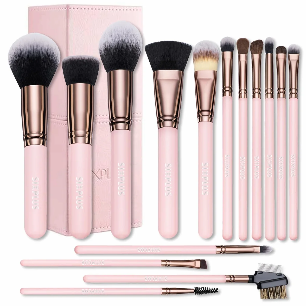 SIXPLUS Pinceaux de maquillage de voyage avec étui, lot de 15 pinceaux de maquillage professionnels pour fond de teint, poudre, anticernes, fard à paupières, blush, boîte de rangement magnétique,