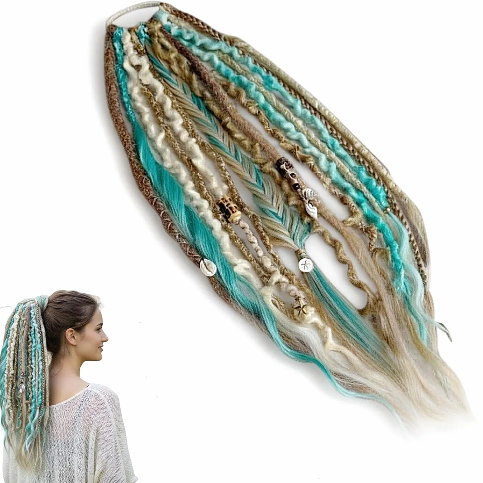 Queue de cheval élastique Salty, extension de cheveux dreadlocks bohème avec perles, coquillages et breloques. Fixation facile en 1 minute par clip. Idéale pour les festivals (A)