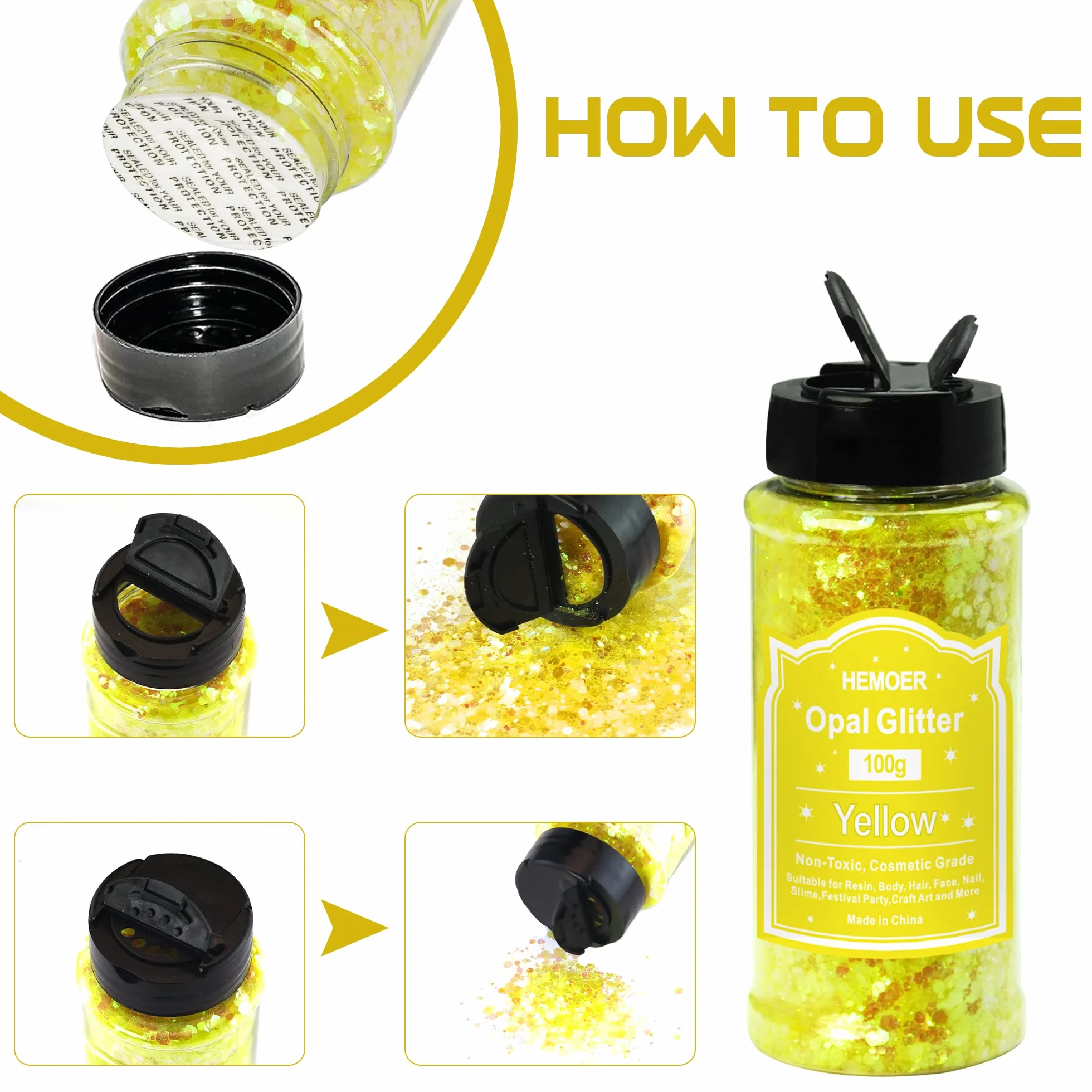 HEMOER Paillettes jaunes opales 100 g Poudre pailletée pour résine ongles artisanat fêtes