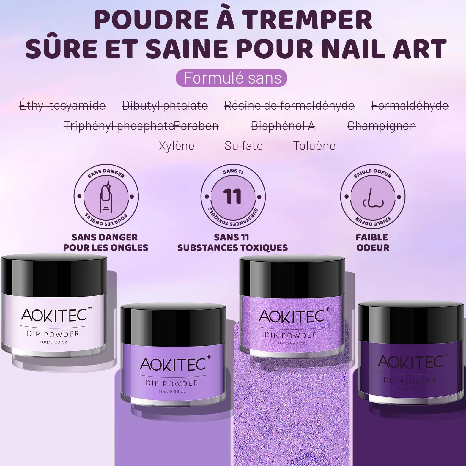 Aokitec Poudre à Tremper, 4 Couleurs Nail Art Français, Kit de Manucure DIY, Longue Durée