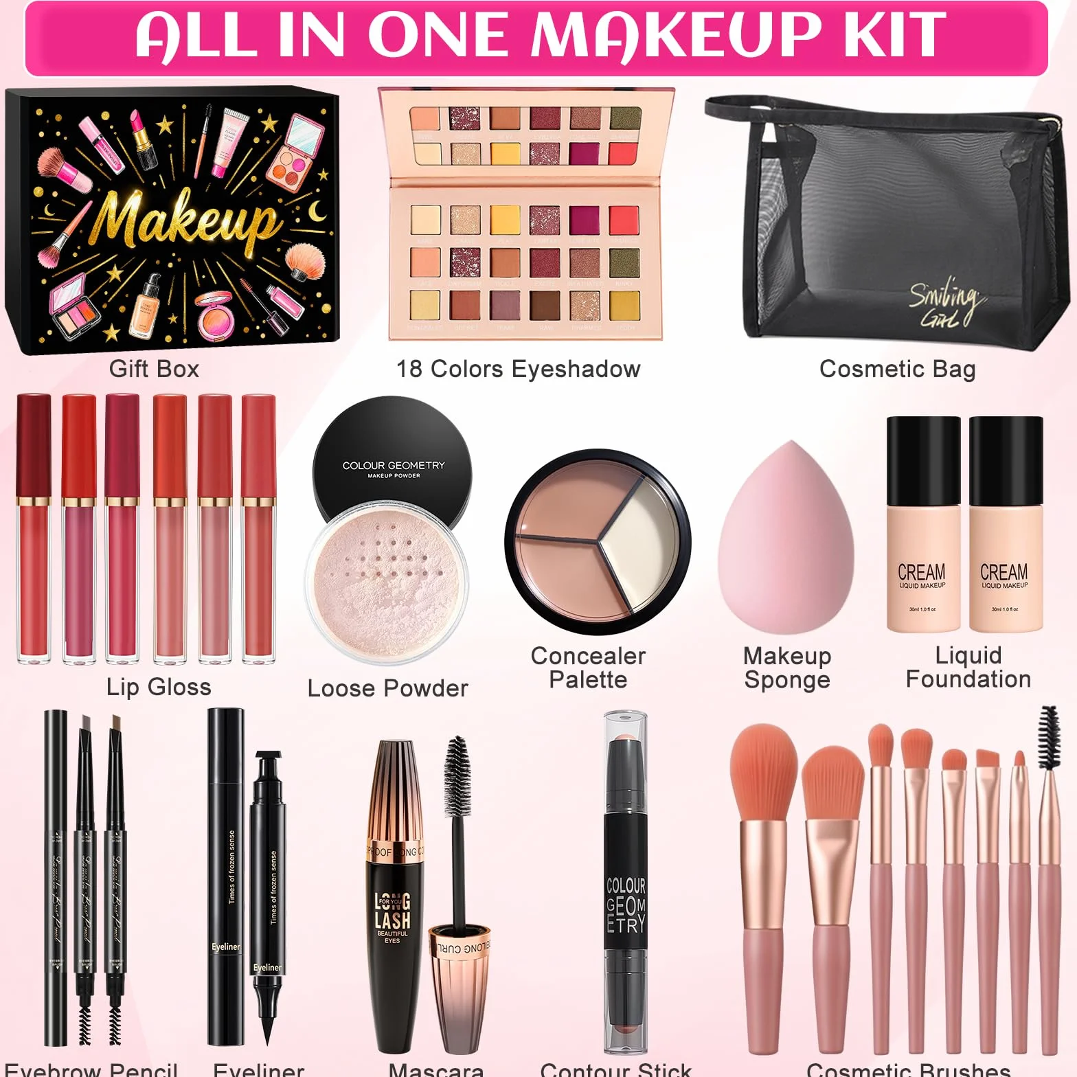 Kit de Maquillage Complet, Coffret Cadeau de Maquillage Femme Ado Fille, Coffret de Maquillage avec Ombres Paupière, Fond de Teint, Correcteur, Gloss à Lèvres, Crayon à Sourcils, Mascara, Trousse