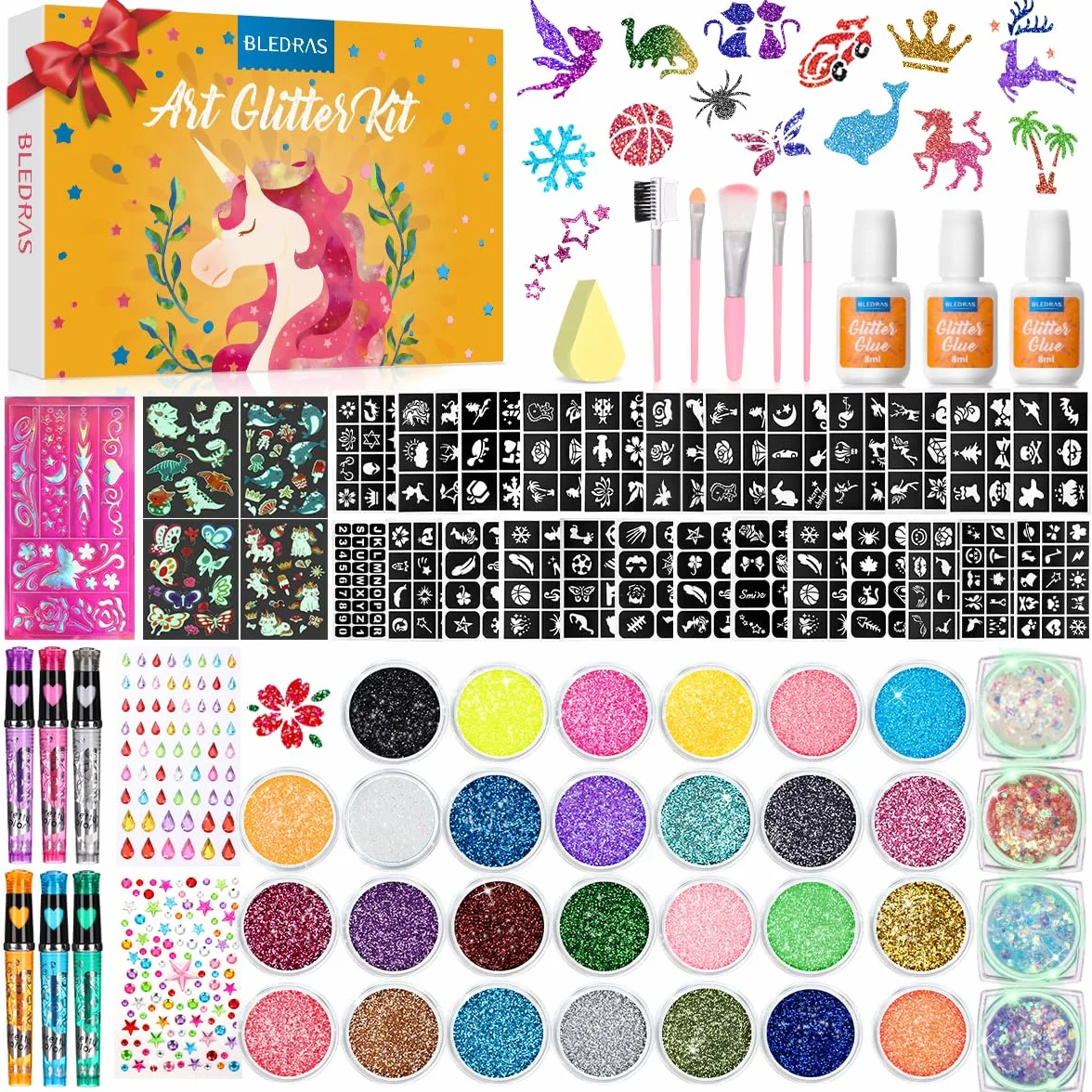 Bledras Kit Tatouage Paillettes Enfant Filles, 31 Couleurs de Paillettes Tatouage Ephemere, 6 Stylos à Paillettes, 178 Pochoirs, Tatouage Enfant pour Carnaval, Noël, Maquillage de fête Masquée