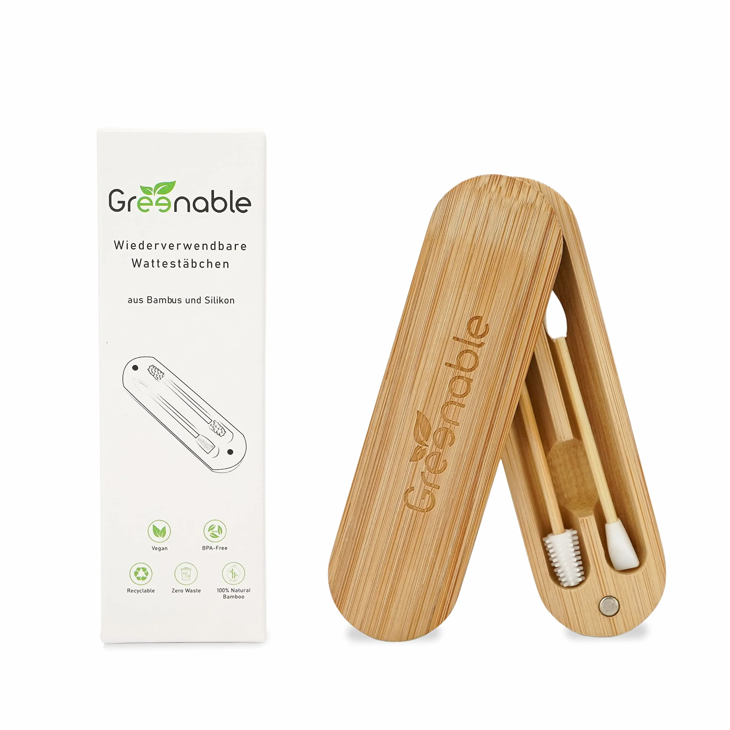 Greenable Coton-tiges en bambou et silicone réutilisables - Lot de 2 - Démaquillant beauté sans plastique - Vegan & sans BPA