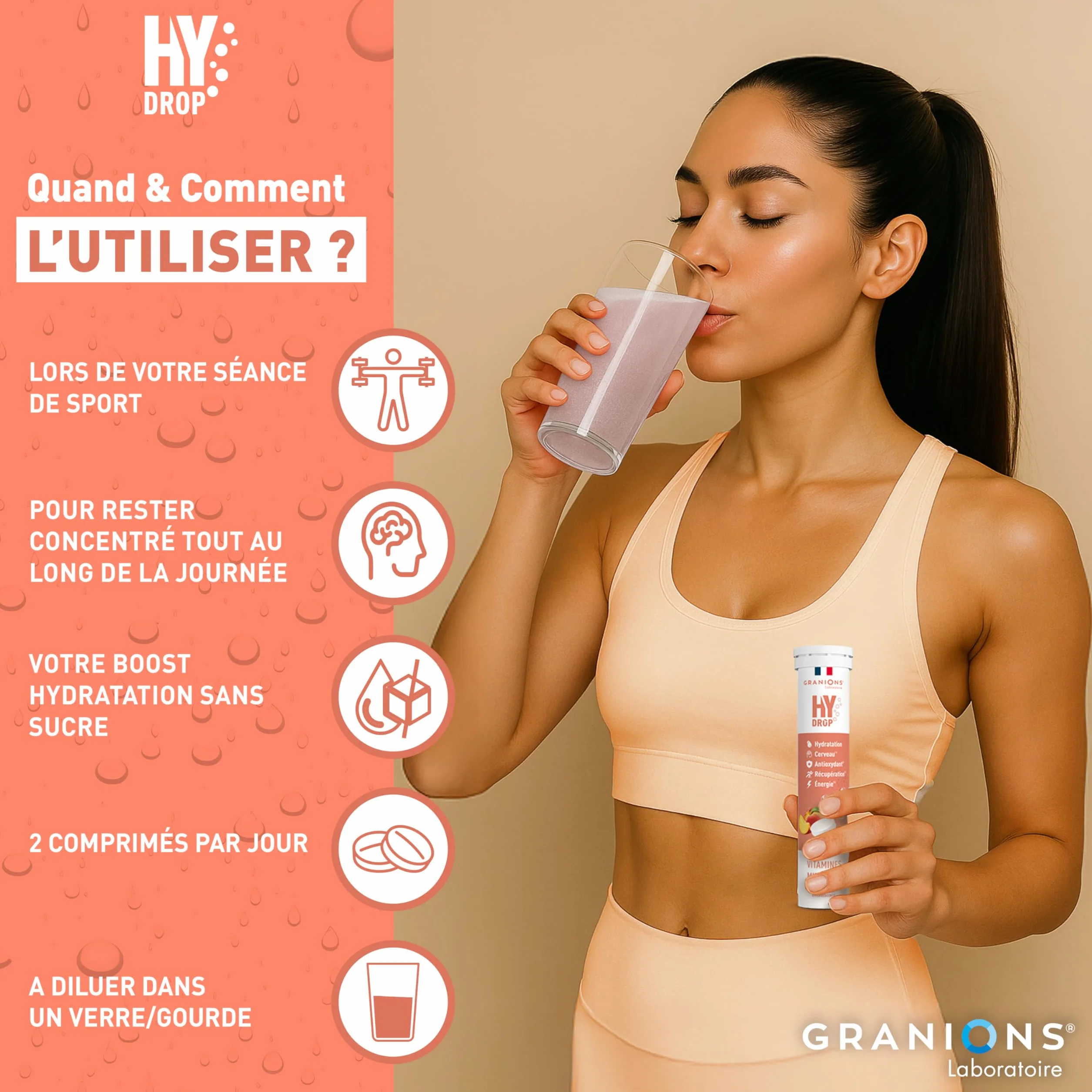 GRANIONS HYDROP Pastilles Hydratation Pêche Sans Sucres Électrolytes Magnésium 20 Pastilles Effervescentes