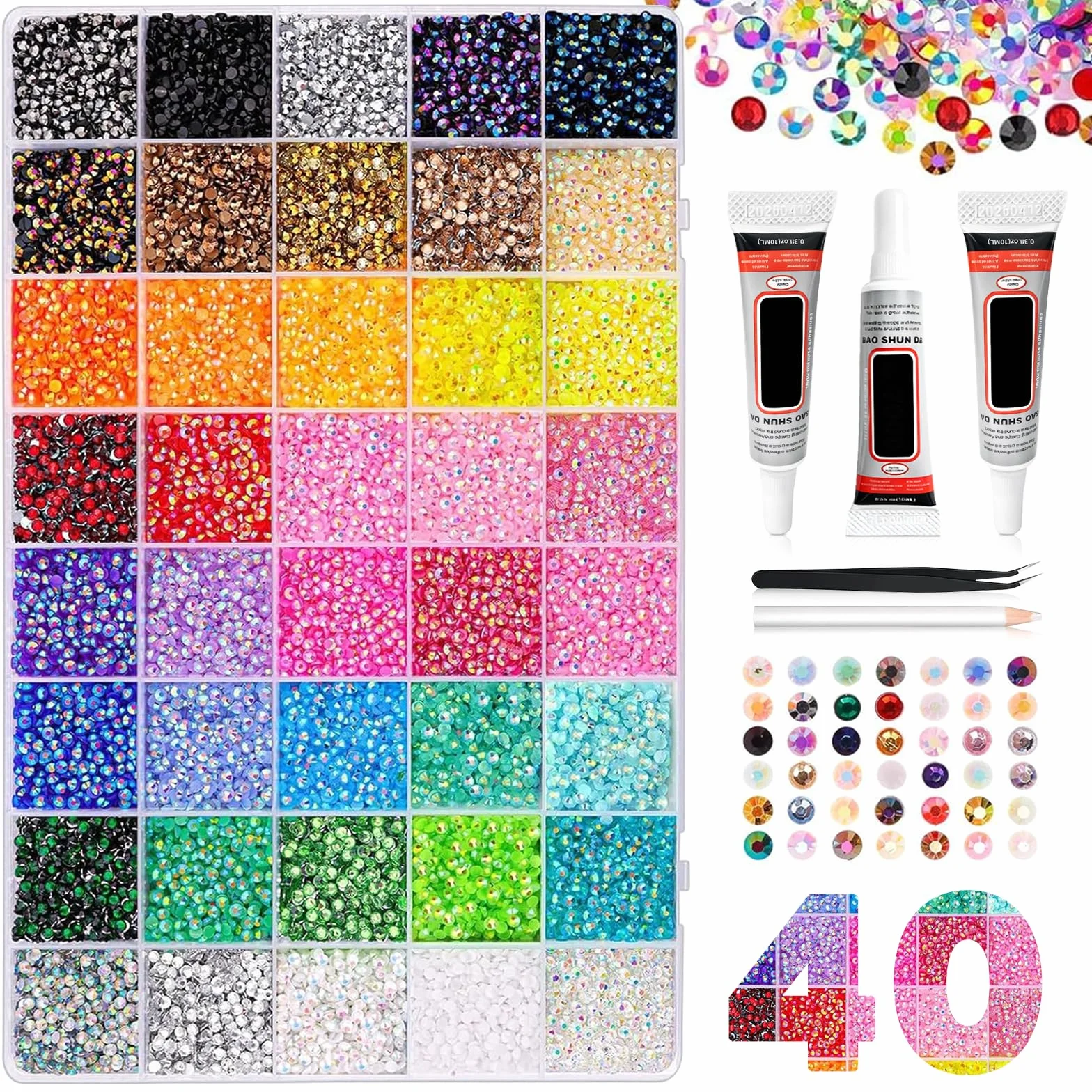 Strass en Résine pour Travaux Manuels: Lot de 32 000 3 mm 40 Couleurs 3 mm Kit éblouissant avec 3 pièces de Colle pour Travaux Manuels Tasses Chaussures Tissu Nail Art