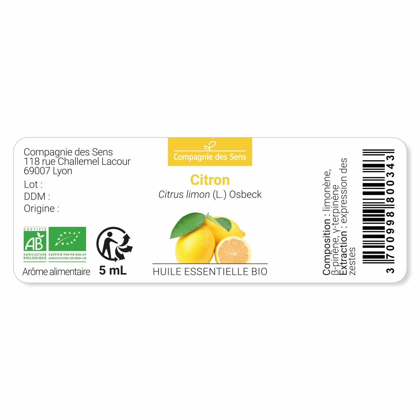 Huile Essentielle de Citron BIO 10mL 100% Pure ChromaCert® Chémotypée