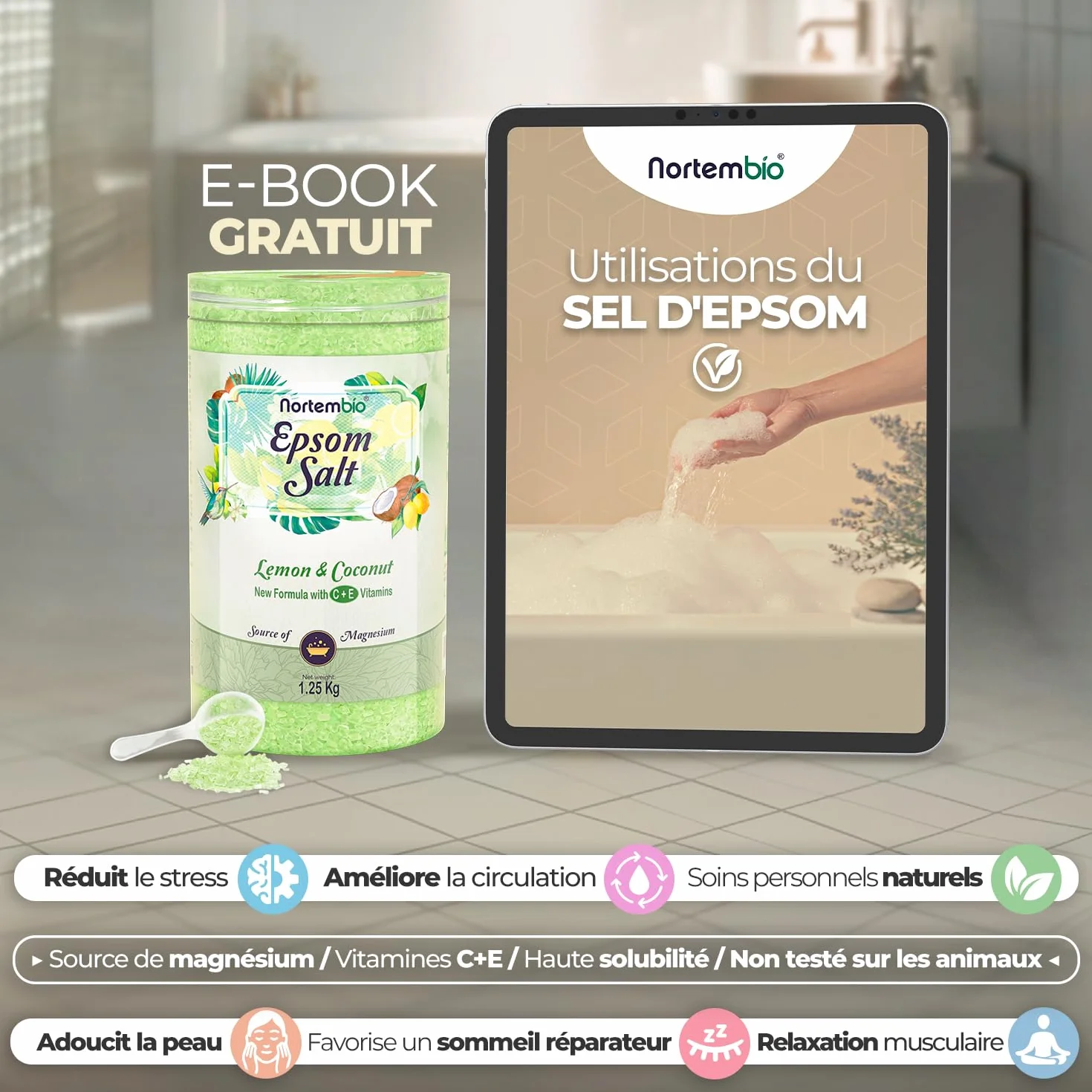 Nortembio Sels d'Epsom Parfumés 6 kg Sel de Bain au Magnésium, Vitamines C & E | Bain de Pieds, Spa Maison, Relaxation et Bien-être | Parfum au Choix + eBook Gratuit (Noix de Coco Tropicale)