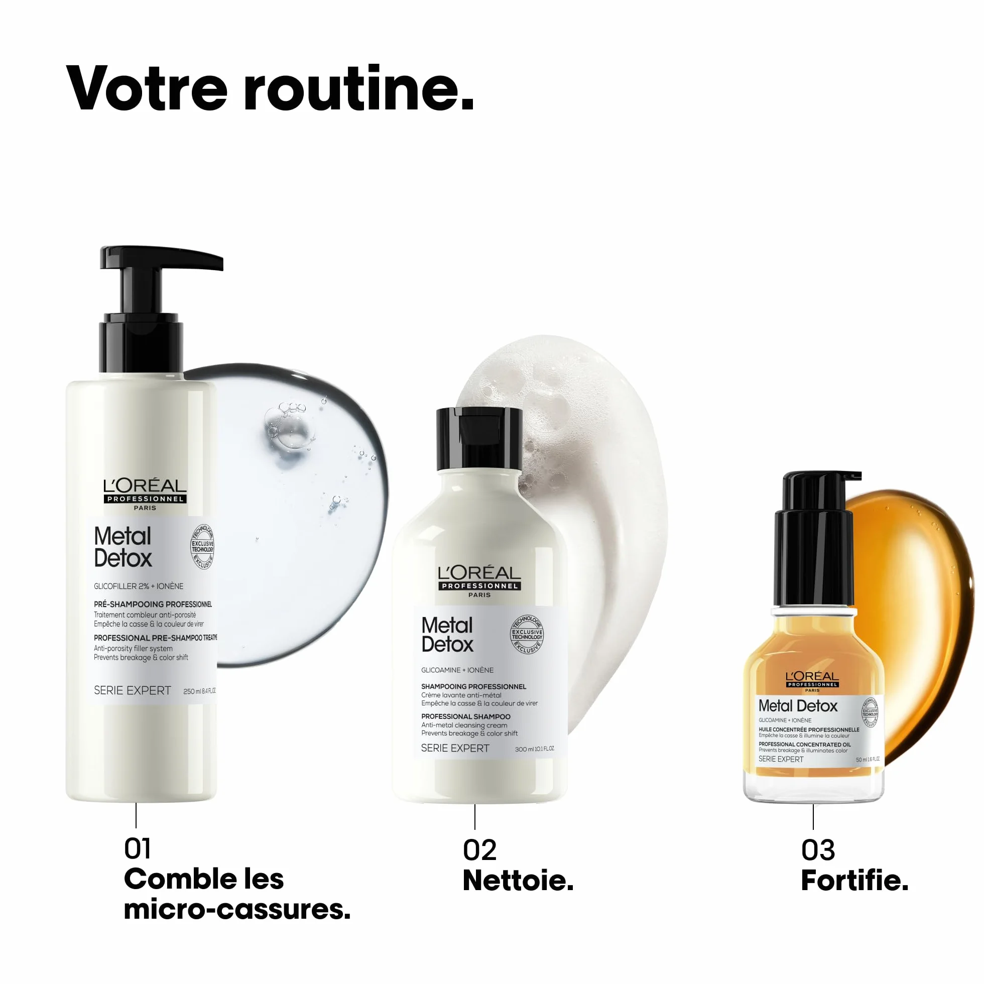 L'OREAL PROFESSIONNEL - Routine Pour Cheveux Abîmés & Cassants - Metal Detox - -99% de Casse - Cheveux Hydratés & Brillants - Pré-Shampoing (250ml) + Shampoing (300ml) + Huile (50ml)
