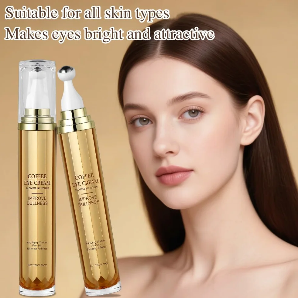 Sérum Crème Yeux à La Caféine 360° Ice Rolling Sphere Anti-Cernes & Rides 5% Caféine Acide Hyaluronique Niacinamide Peptides Hydratation 72h Contour des Yeux