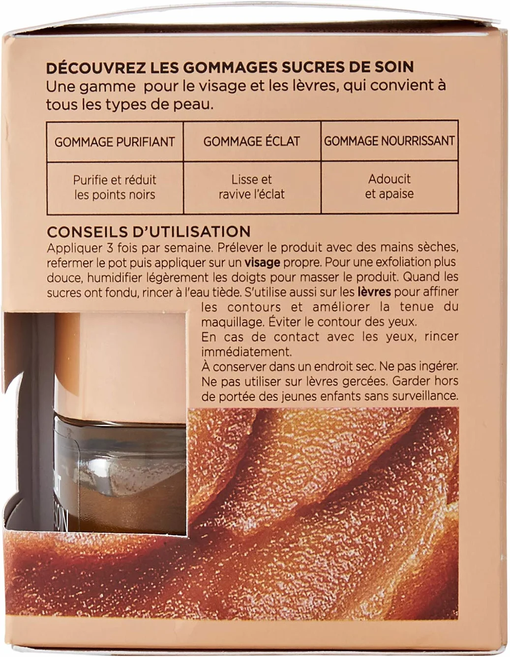 L'Oréal Paris - Soin Gommage Éclat pour Visage & Lèvres - Exfoliant & Lissant - Aux 3 Sucres Fins & Huile de Pépins de Raisin - Tous Types de Peaux - Sucres de Soin - 50 ml