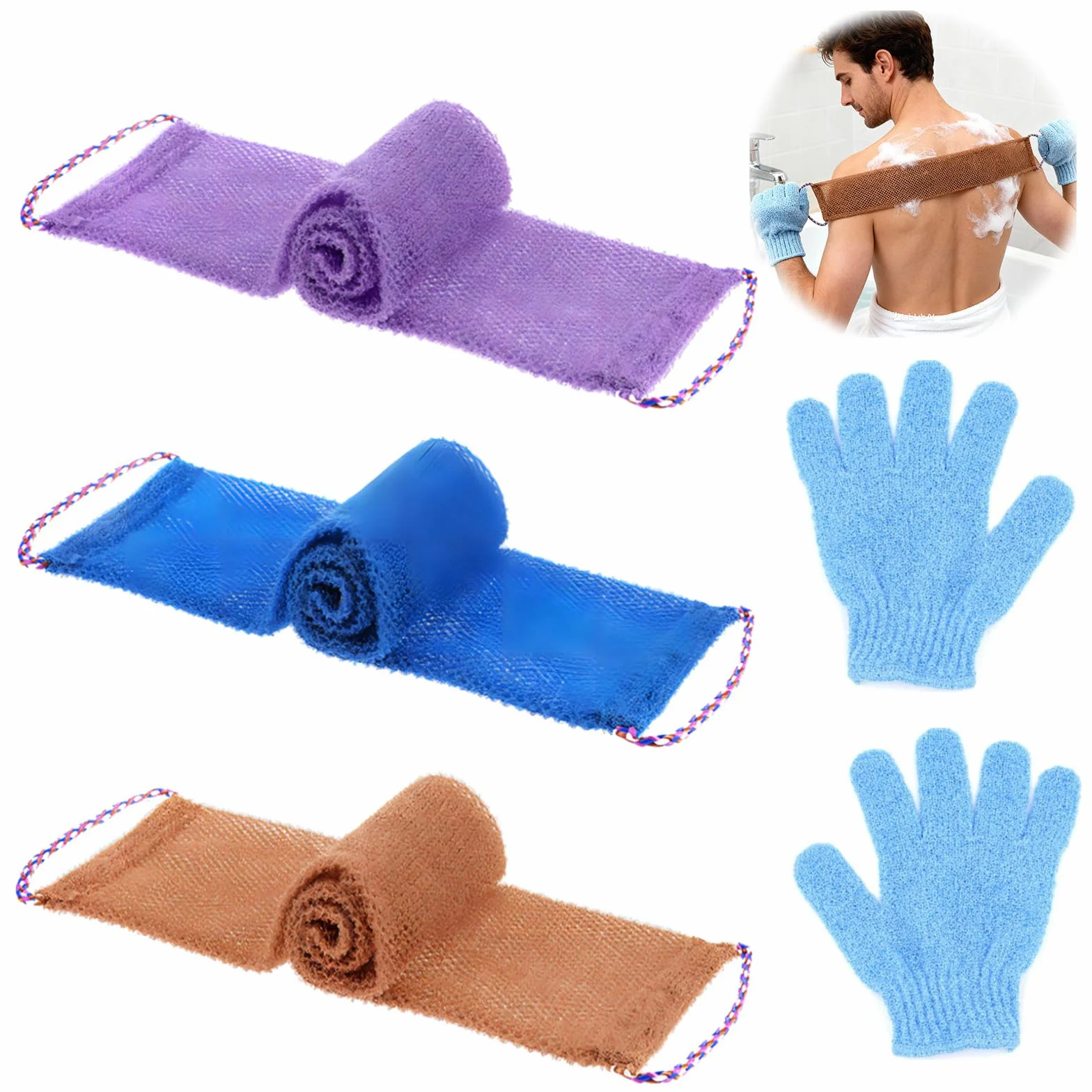 African Net Sponge Lot de 5 éponges en maille africaine pour le dos - 3 éponges + 2 gants exfoliants