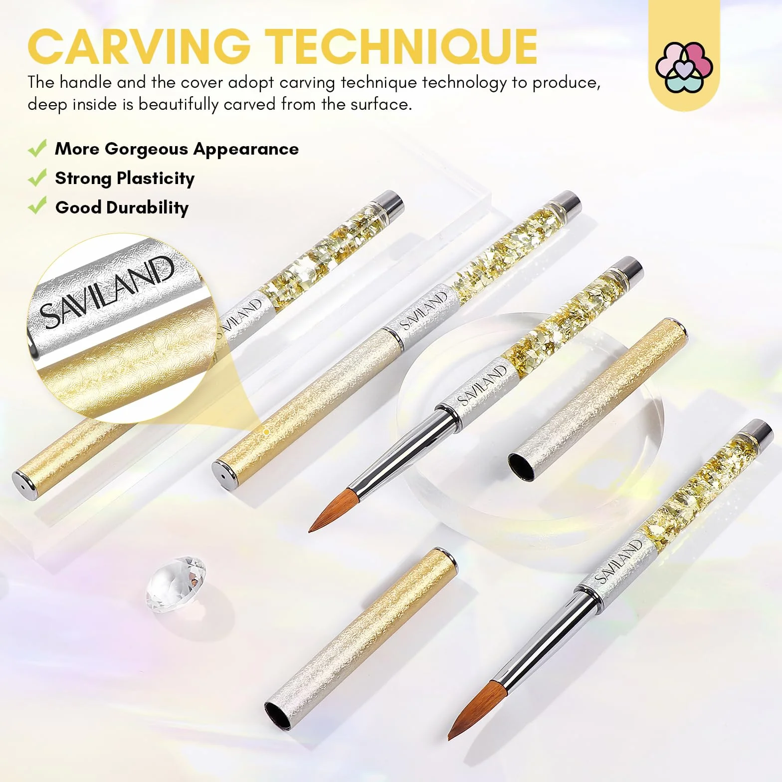 Saviland 4 Pinceaux pour Ongles Acryliques: Kolinsky Nail Art Professionnel, pour Poudre Acrylique (#6/10/12/16)