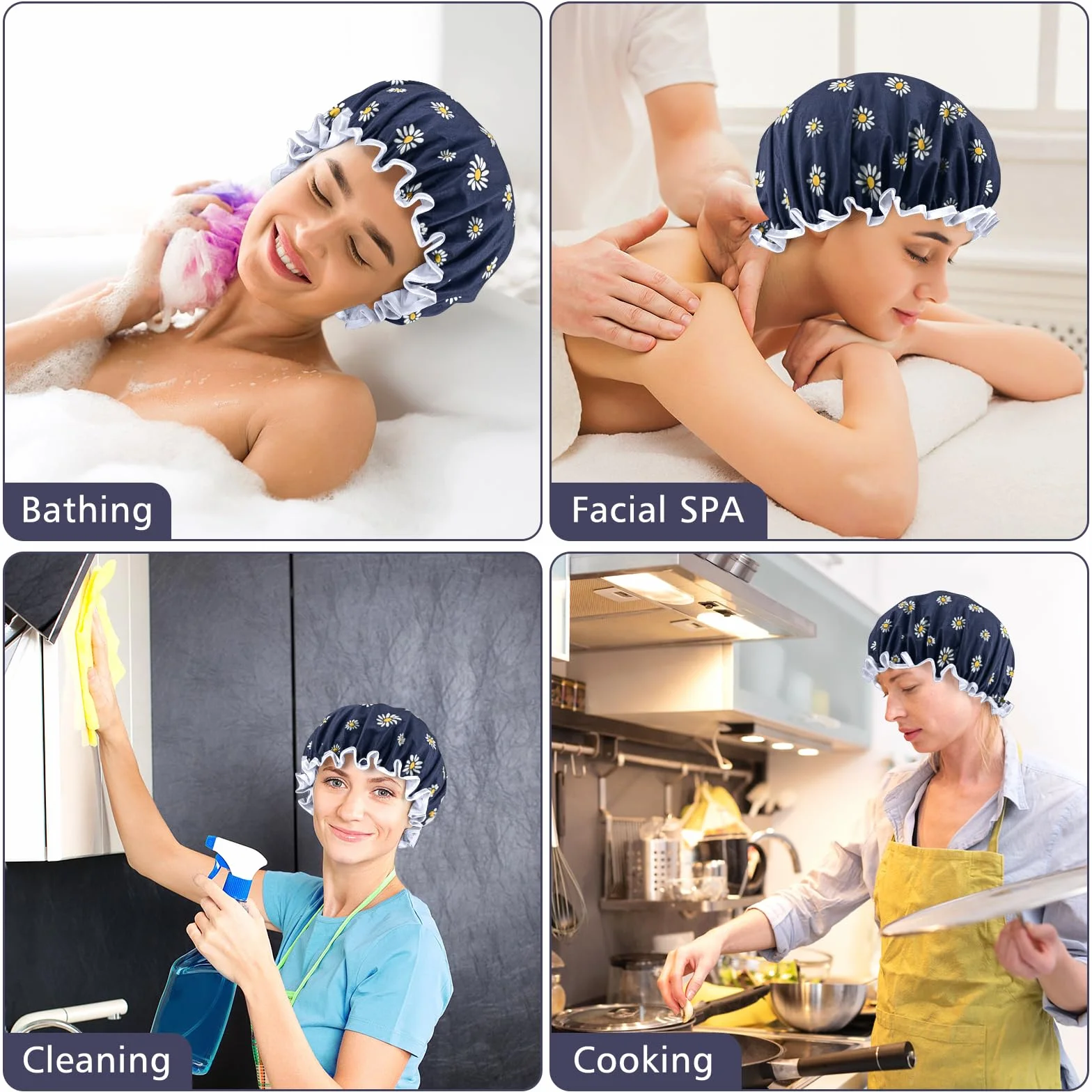 Bonnet de douche imperméable double couche pour femme motif floral unique réutilisable Marguerite Bleu Foncé