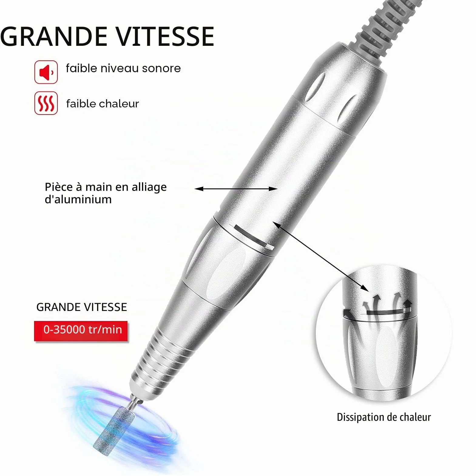 Tiiyee Stylo de Perceuse à Ongles électrique, Alliage D'aluminium Gris | Professionnelle Manucure Pédicure Outil Polissage Machine 35000 tr/min Remplacement Ponceuse Poignée Rechange Accessoires