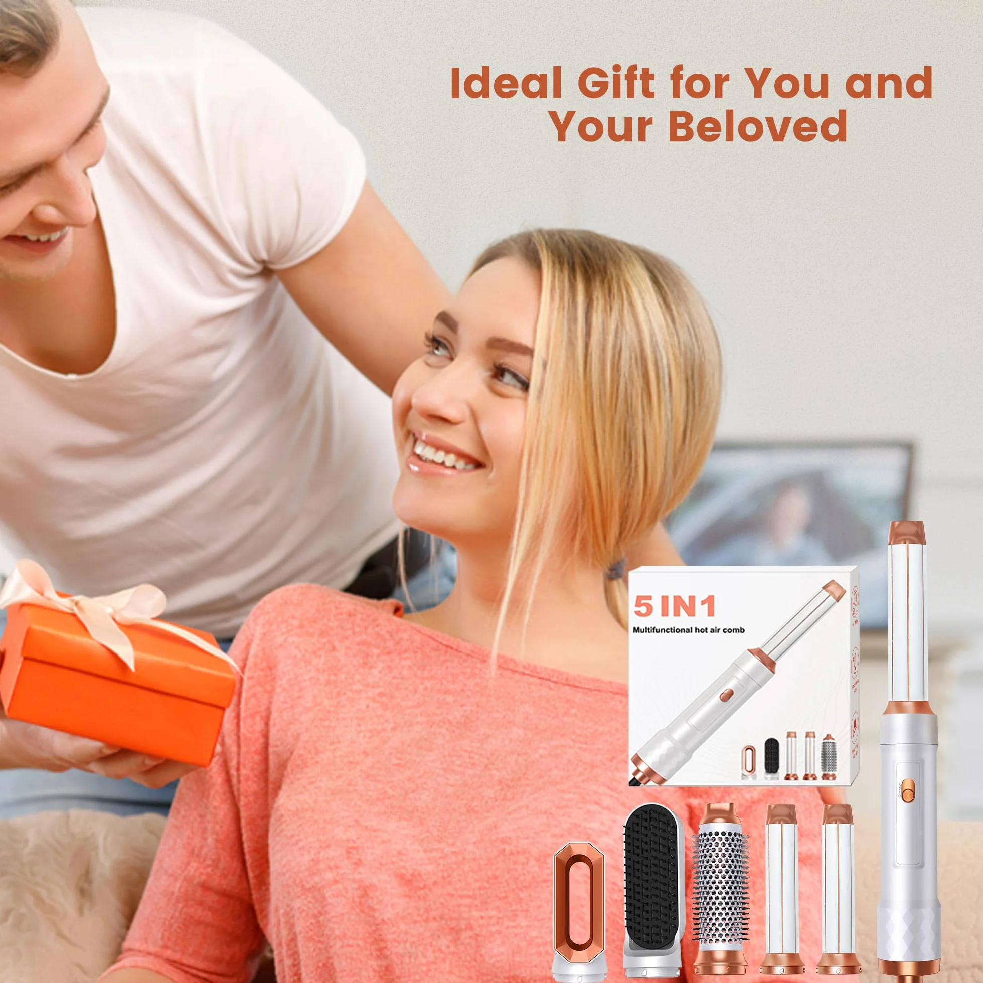 Airbrush 5 en 1 Brosse Soufflante 5 en 1, Seche Cheveux 5 en 1 avec Seche Cheveux Boucleur, Brosse Souflante, Thermal Brush, Air Styler 5 en 1 Pour Sécher, Boucler, Lisser, Cadeau Noel Femme
